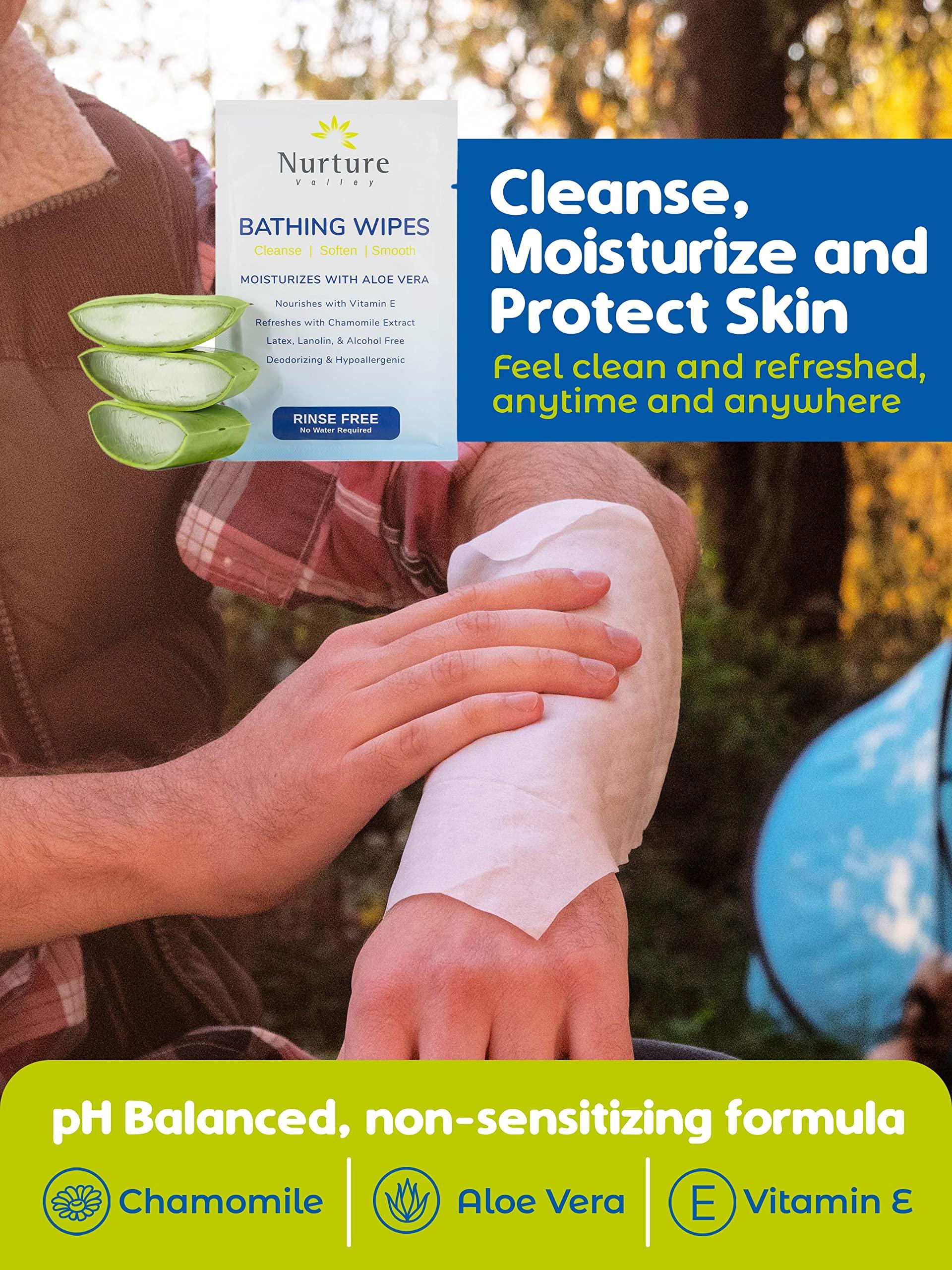 Nurture Valley Nurture Rinse Free Bathing Wipes for Adults w/Aloe Waterless Cleansing for sensitive skin Disposable Adult Body Bath Wet Wipe for Disabled Bedridden (Pack of 40 (individually wrapped))