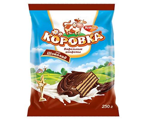 Korovka Korovka Chocolate Wafer Cookies with Chocolate Glaze in Individual Wraps 8.8oz/250g Gourmet Imported Russian Candy Sweets Bars, Tender Cocoa Cream Filling