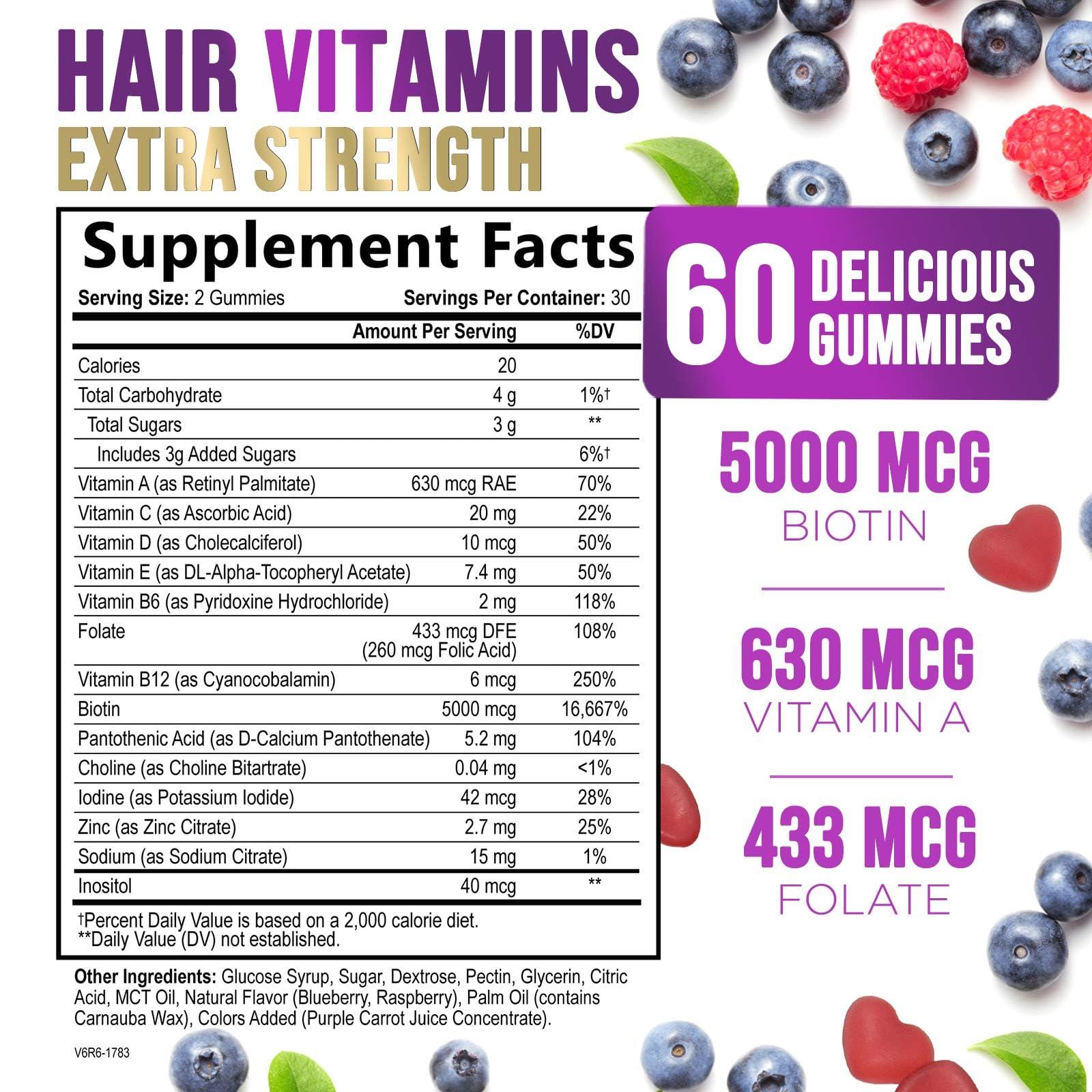 Nature's Nutrition Hair Growth Supplement Gummy for Stronger, Radiant Hair, Skin & Nails - Hair Vitamins with Biotin 5000 mcg and Vitamin E & C, Nature\'s Extra Strength Hair Vitamins for Women & Men - 60 Gummies