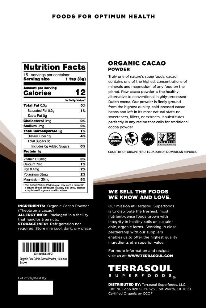 Terrasoul Superfoods Terrasoul Superfoods Raw Organic Cacao Powder, 16 Oz, Rich Chocolate Goodness for Baking, Smoothies, and Blissful Hot Cocoa