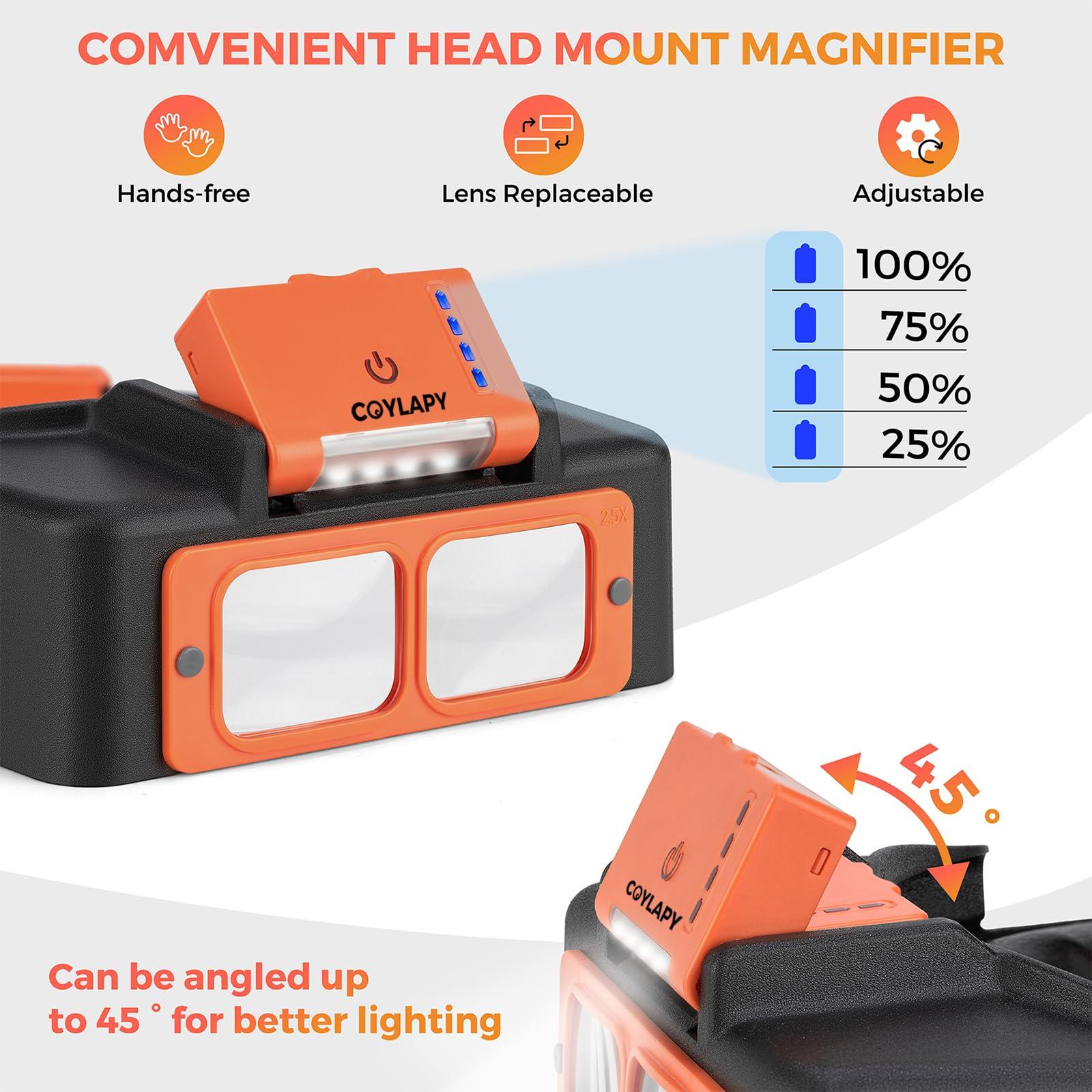 COYLAPY Headband Magnifier with Light, Rechargeable Magnifying Glasses for Close Work, 1.5X - 3.5X Magnifying Headset with 4 Lenses, Jewelers Magnifying Glass Loupe Visor for Reading,Crafts, Hobby