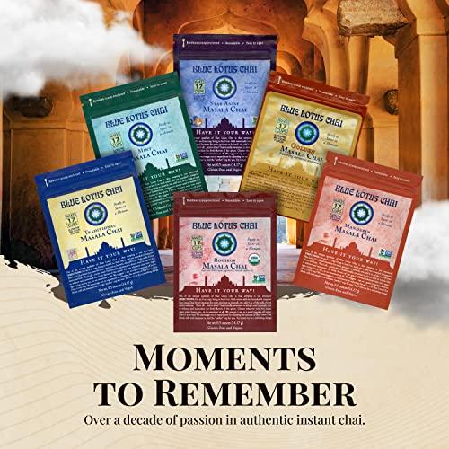 BLUE LOTUS CHAI Blue Lotus Chai - Rooibos Masala Chai - Makes 17 Cups - 0.5 oz Pouch Masala Spiced Chai Powder with Organic Spices - Instant Indian Tea No Steeping - No Gluten
