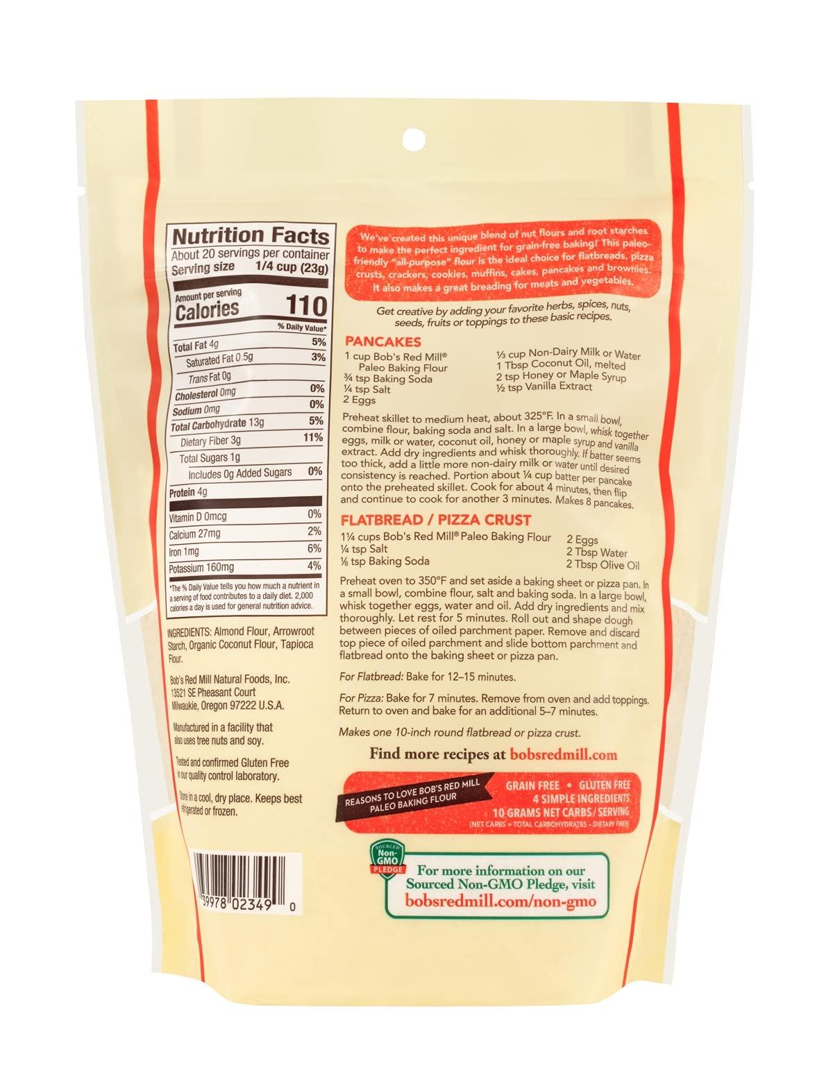 Bob's Red Mill Bob\'s Red Mill Paleo Keto All-Purpose Baking Flour, 1 Pound (Pack of 4) Cookies, Cakes, Muffins, Pizza, Flatbread, Pancakes, Gluten Free, Grain Free, Non GMO