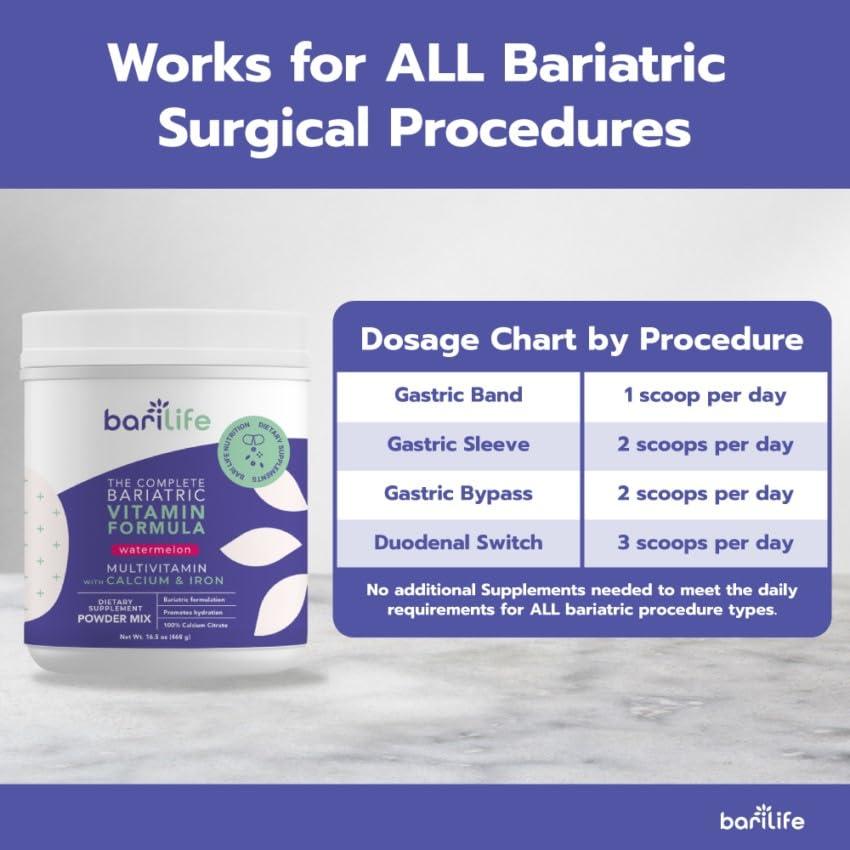 Bari Life Bari Life Complete Bariatric Multivitamin with Iron - Dietary Supplement Powder Mix, Calcium Citrate, Multivitamin, Iron - Bariatric Vitamins for Gastric Sleeve Patients (Watermelon, 60 Servings)