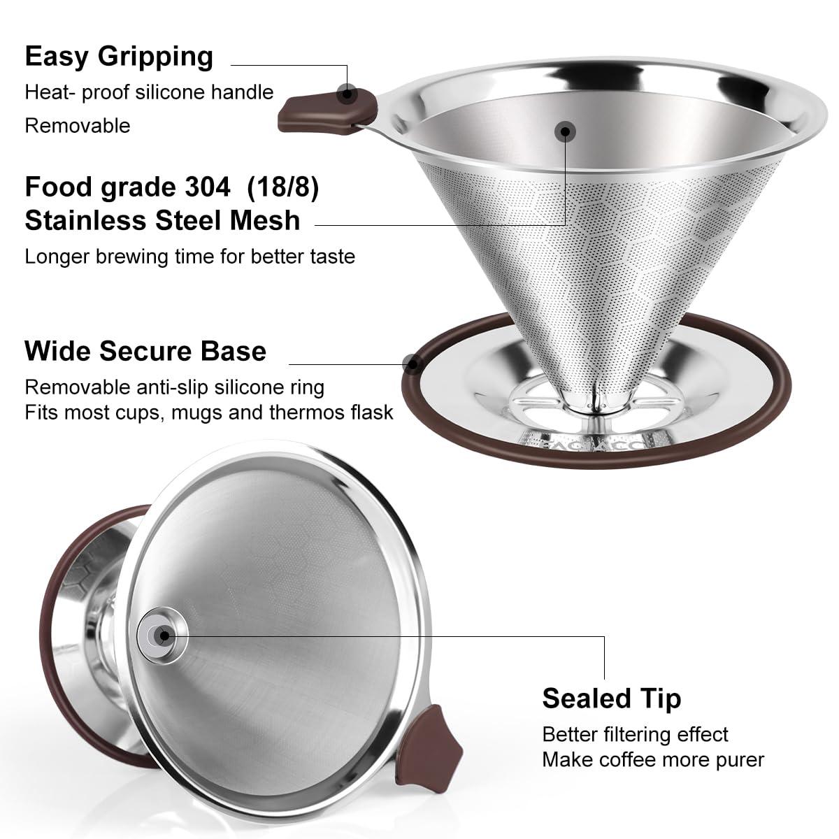 FACIACC FACIACC Pour Over Coffee Dripper, Professional Stainless Steel Coffee Filter, Paperless and Reusable, Upgraded Double Micro Mesh Filter with Spoon and Silicone Tray, Cleaning Brush (3-4 Cup)