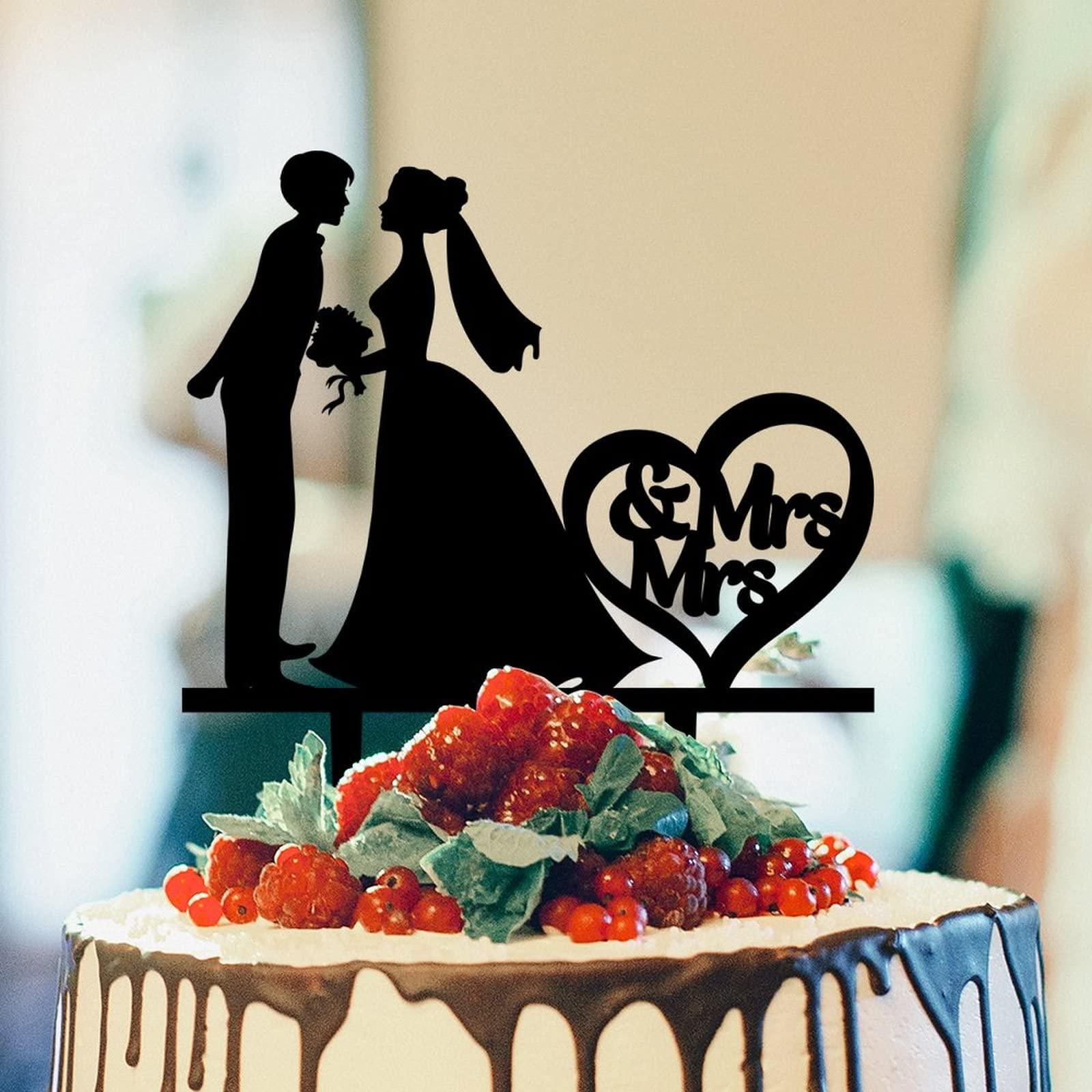 YJHLBHDIAN Two Brides Silhouette Wedding Cake Topper Mrs And Mrs Lesbians Cake Topper for Wedding Bride Couple Rustic Cake Topper Hers Engagement Cake Toppers Funny Custom LGBT Cake Topper Black Acrylic