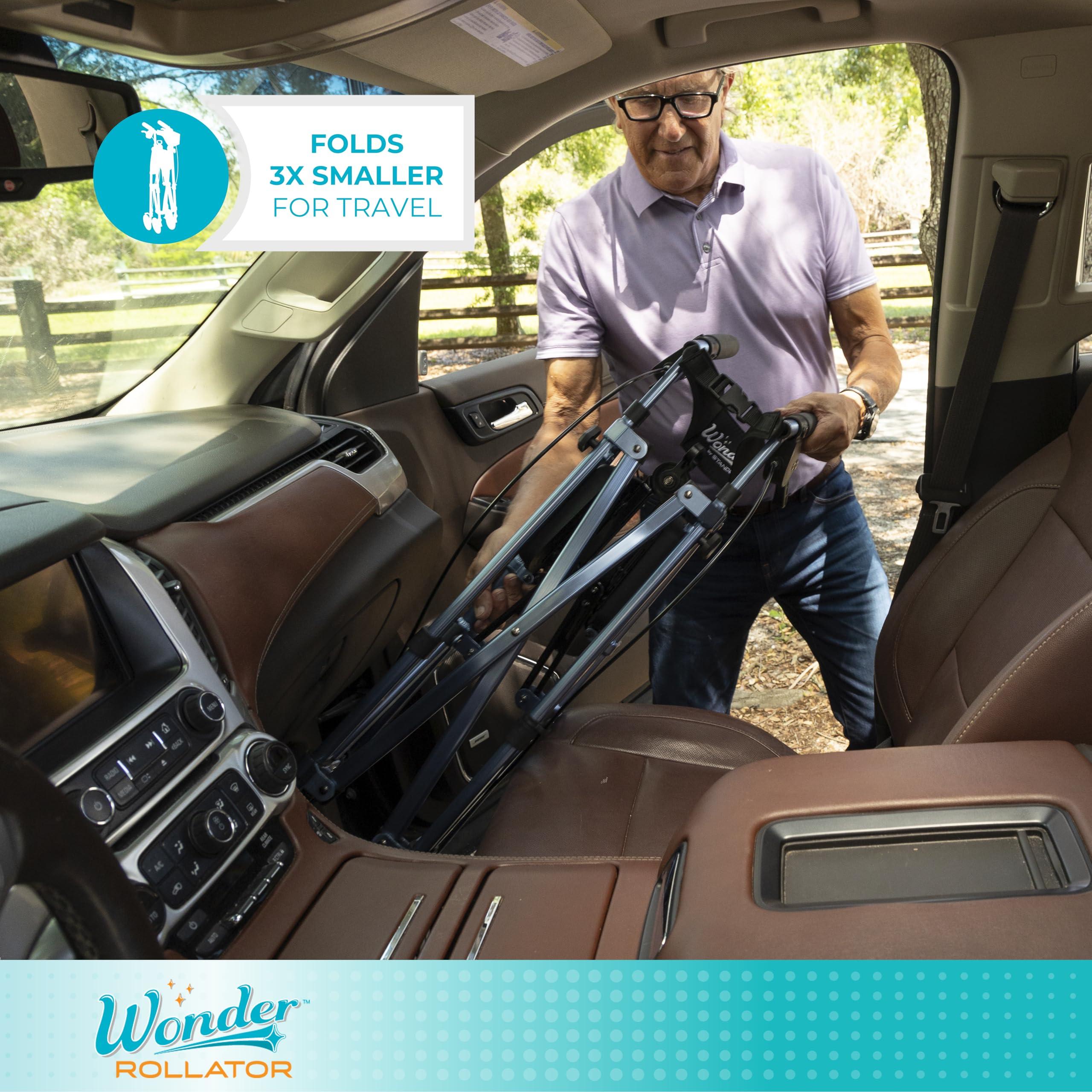 Stander Stander Wonder Rollator Short, Lightweight Junior Folding-Walker for Seniors and Adults, Travel Space-Saver-Rollator, Petite Four Wheel Walking Aid with Seat, Vivid White