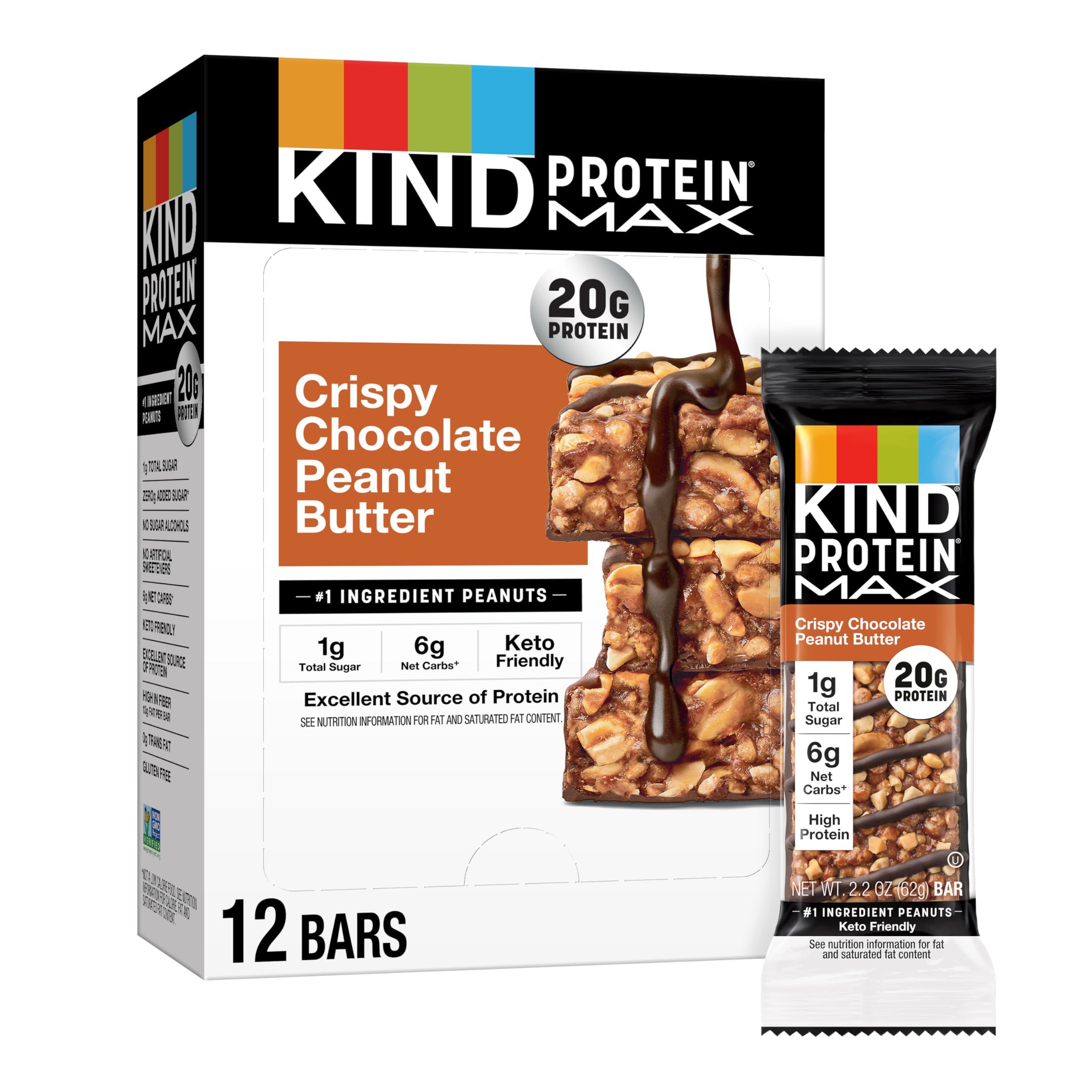 KIND KIND Protein MAX Crispy Chocolate Peanut Butter & Sweet & Salty Caramel Peanut Crisp High Protein Snack Bars, 20g Protein, Keto Friendly, 12 Count Boxes