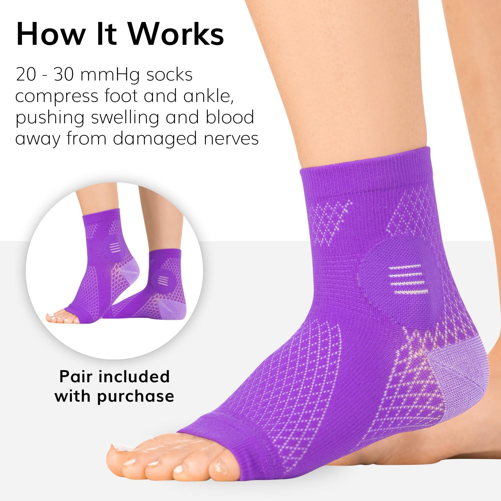 BraceAbility BraceAbility Neuropathy Socks (Pair) - Peripheral Neuritis Compression Diabetic Toeless Foot Sleeves for Nerve Damage Pain in Feet, Ankle Gout, Plantar Fasciitis Relief Brace for Men and Women (M - Purple)