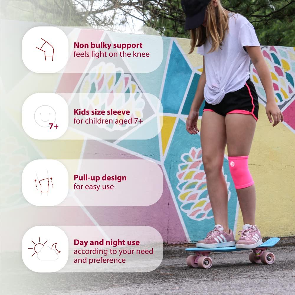 KARM KARM Kids Knee Brace Sleeve - Youth Knee Compression Sleeve for Kids, Child - Support for Pain, Sports, Football, Basketball, Gymnastics, Recovery, Boys & Girls (Neon Pink)