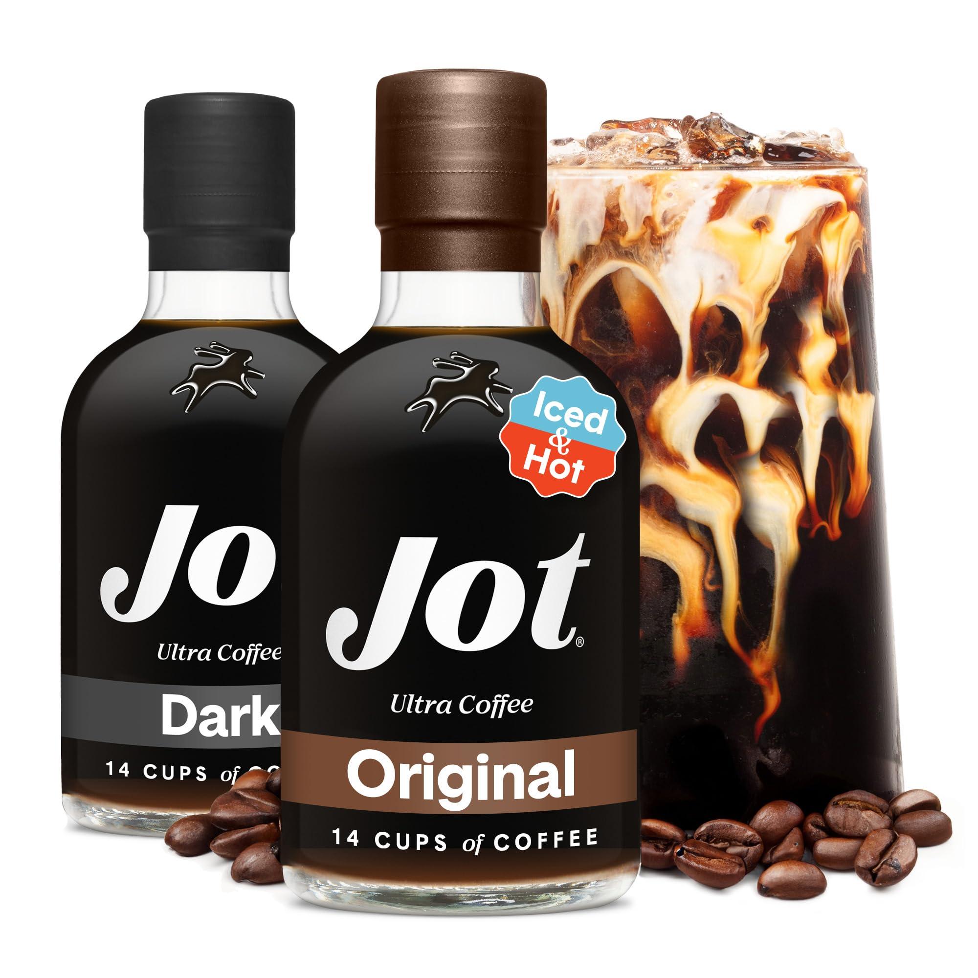 Jot Jot Coffee Concentrate Duo (Original/Dark 2pk) High Caffeine Instant Cold Brew Coffee, Iced Coffee Instant Espresso, Hot Coffee Drinks, 14 Cups Instant Coffee Cold Brew Concentrate 150mg Caffeine/Tbsp