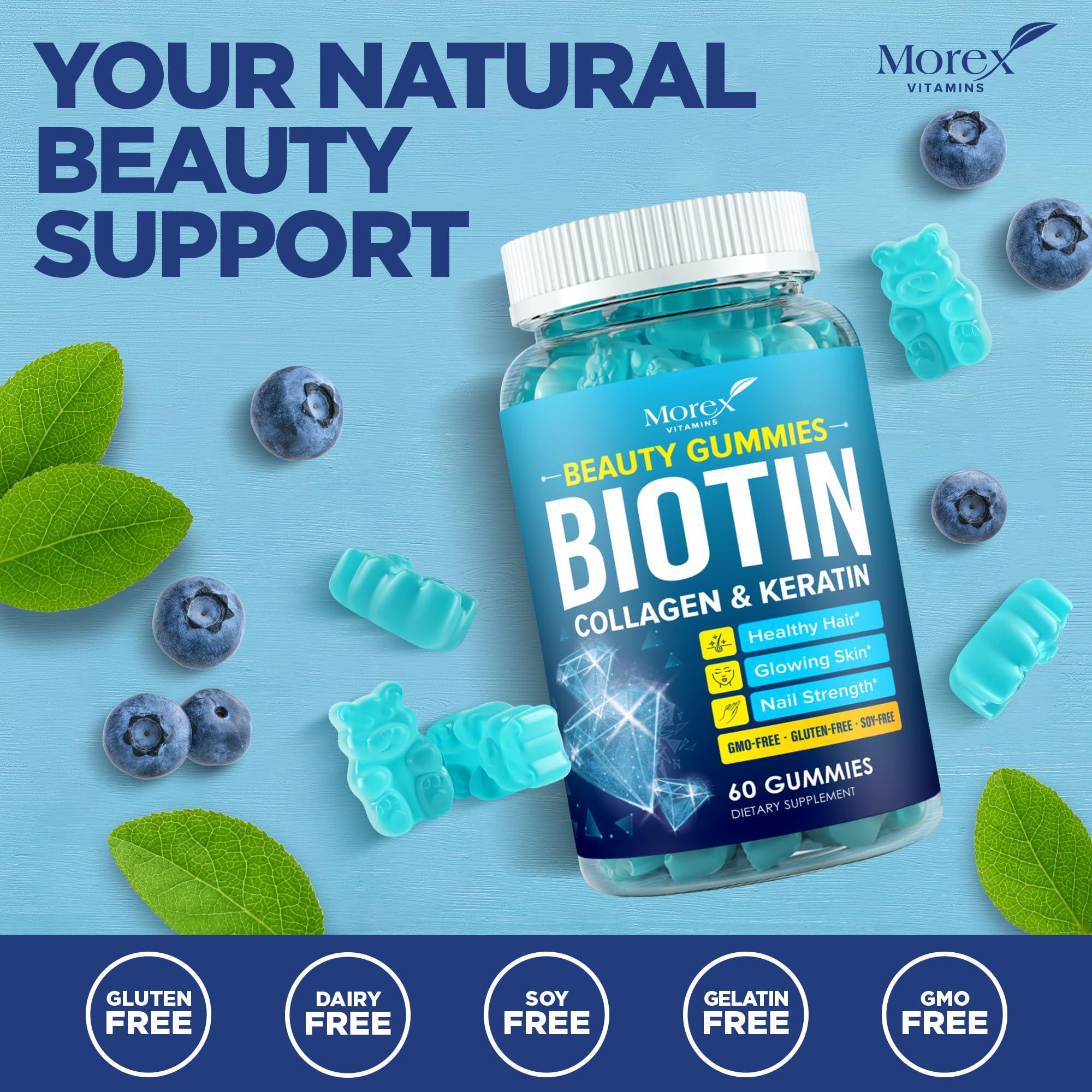 MOREX VITAMINS Hair Vitamins Natural Gummies - Biotin Multivitamin for Hair, Skin & Nails with Collagen & Keratin - Anti Aging Collagen Gummy Vitamins for Men & Women - Hair & Nail Growth Gummies - 60psc