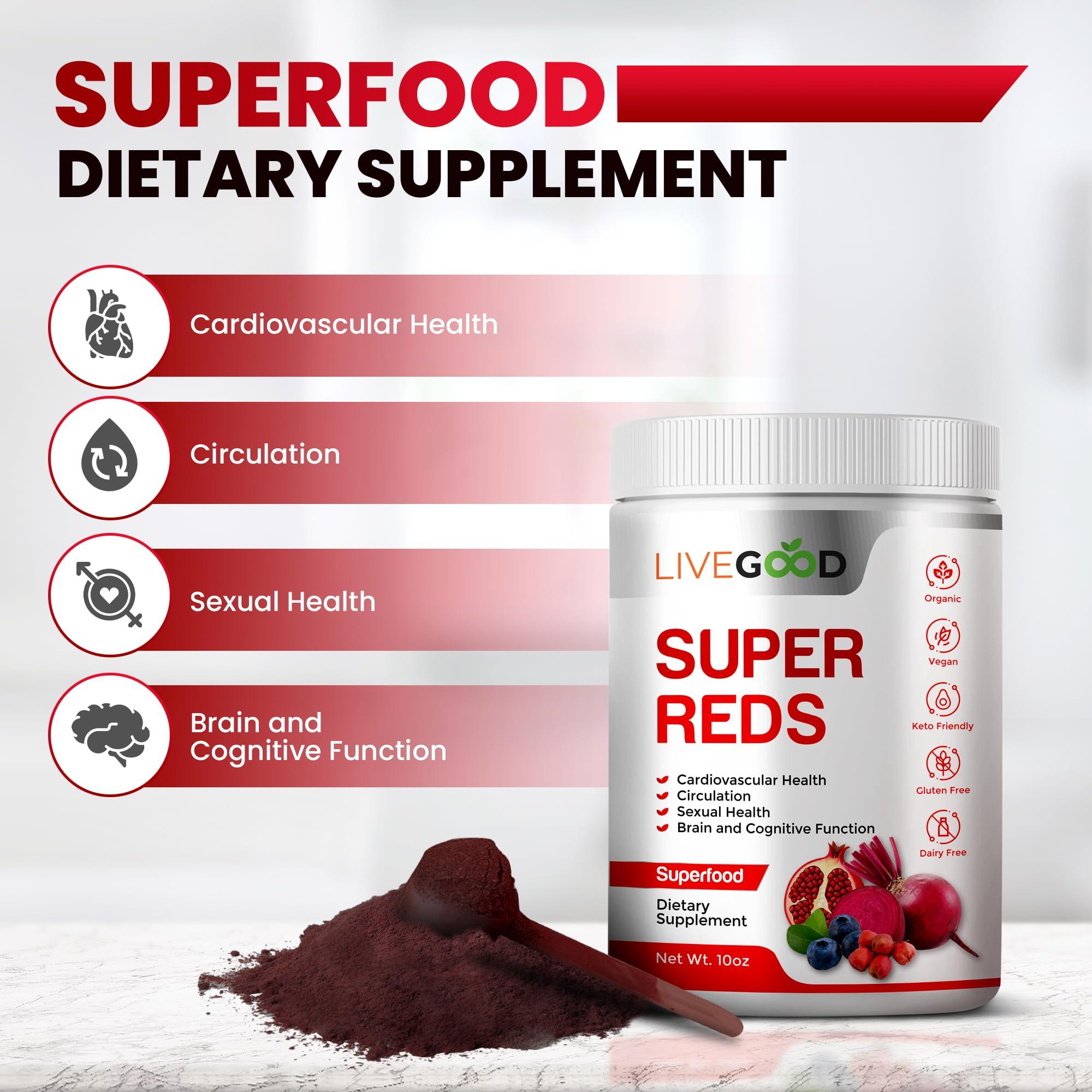 LIVEGOOD LIVEGOOD Organic Super Reds with Alfalfa, Barley Grass, Beet Root, Pomegranite, Grape Seed, Vegan, Gluten Free, 7.2 oz.