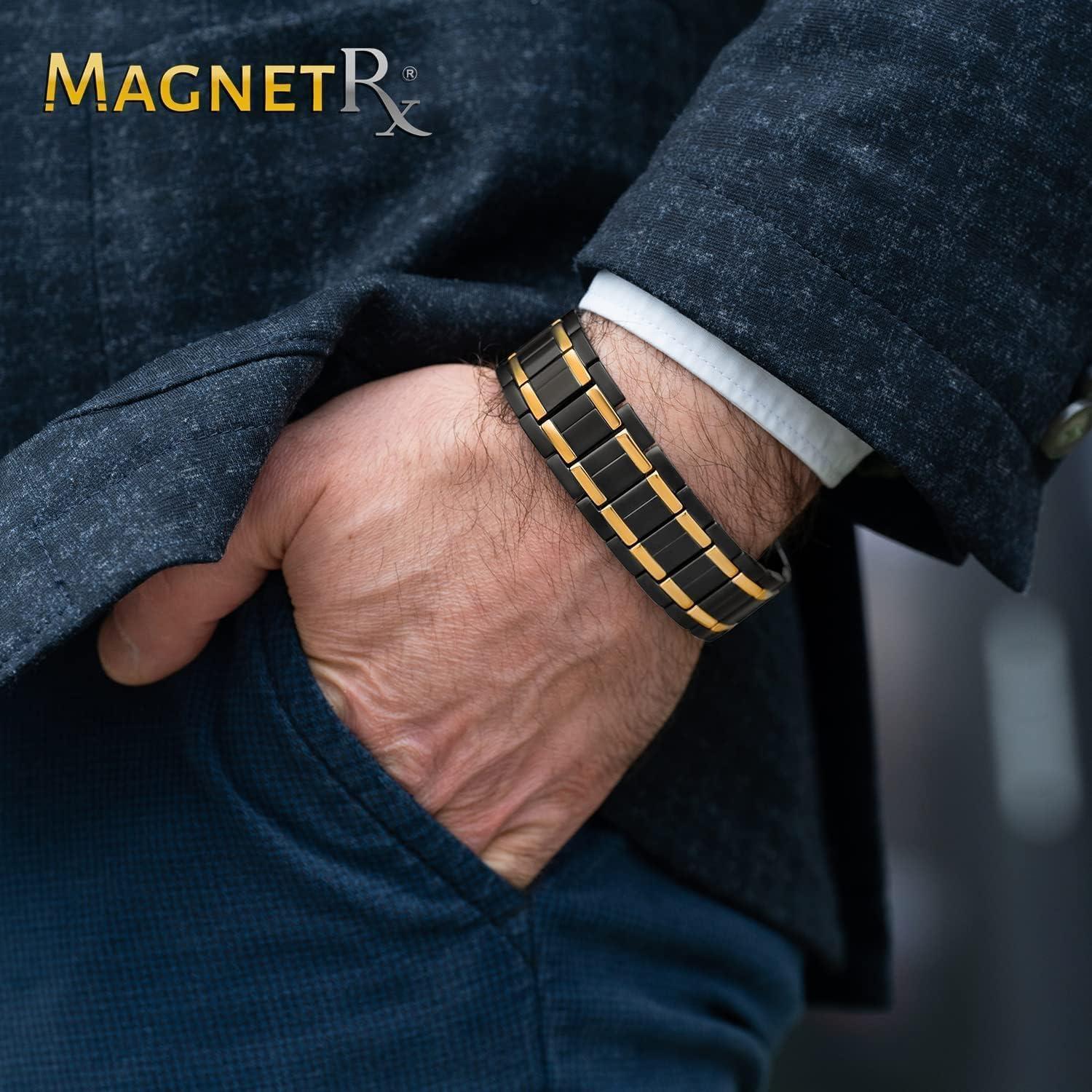 MagnetRX MagnetRX 3X Strength Titanium Magnetic Bracelet Magnetic Bracelets for Men Premium Fold-Over Clasp and Adjustable Length with Sizing Tool (Black/Gold)