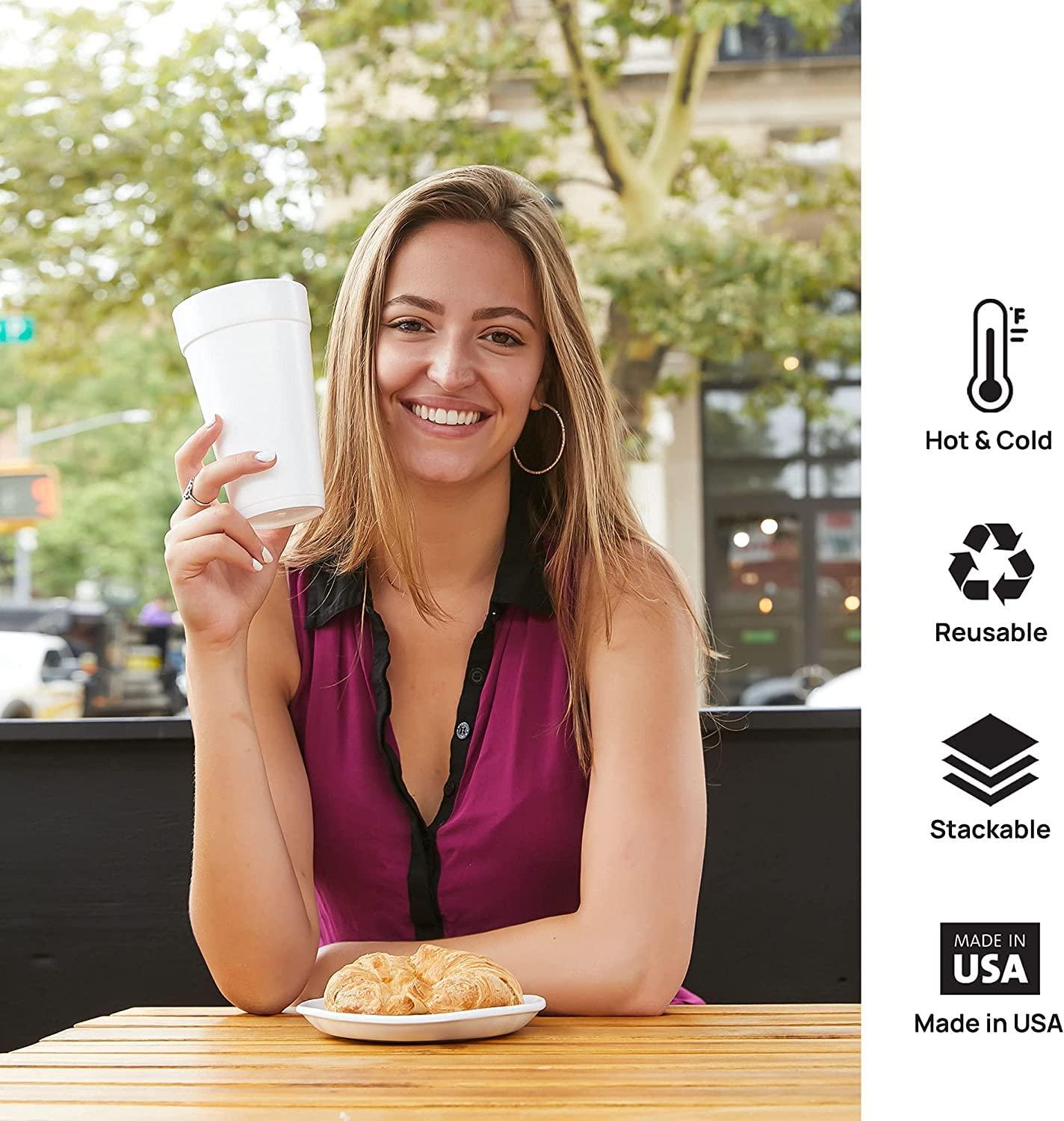 Shop Square 12 Oz Disposable Foam Cups (100 Pack), White Foam Cup Insulates Hot & Cold Beverages, Made in the USA, To-Go Cups - for Coffee, Tea, Hot Cocoa, Soup, Broth, Smoothie, Soda, Juice