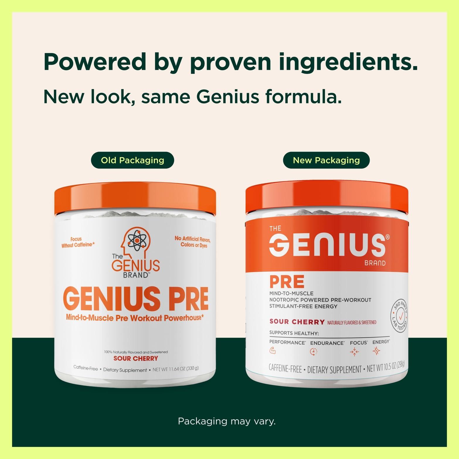 The Genius Brand Genius Energized Pre Workout Powder, Sour Cherry - Caffeine Free Pre-Workout Booster Supplement with Beta Alanine & Alpha GPC - No Artificial Sweetener or Dyes