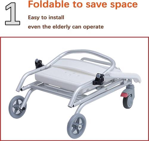 WETOBO Wheel Chair Shower Bath Stool Foldable with Wheels for Elderly and Disabled, Shower Stool with Flip-up Arms and Ergonomic Back - Wheelchair + Shower Chair Two in One