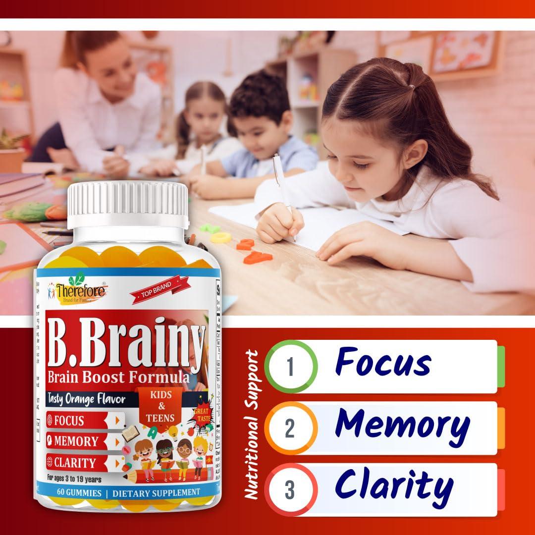 Therefore B.Brainy Brain Focus Gummies for Kids & Teens, Attentive Child Supplement, Brain Focus Vitamins for Kids & Teens, Vegan Omega 3 EPA/DHA, Support Memory, Clarity, Concentration, Low Sugar 60 Gummies