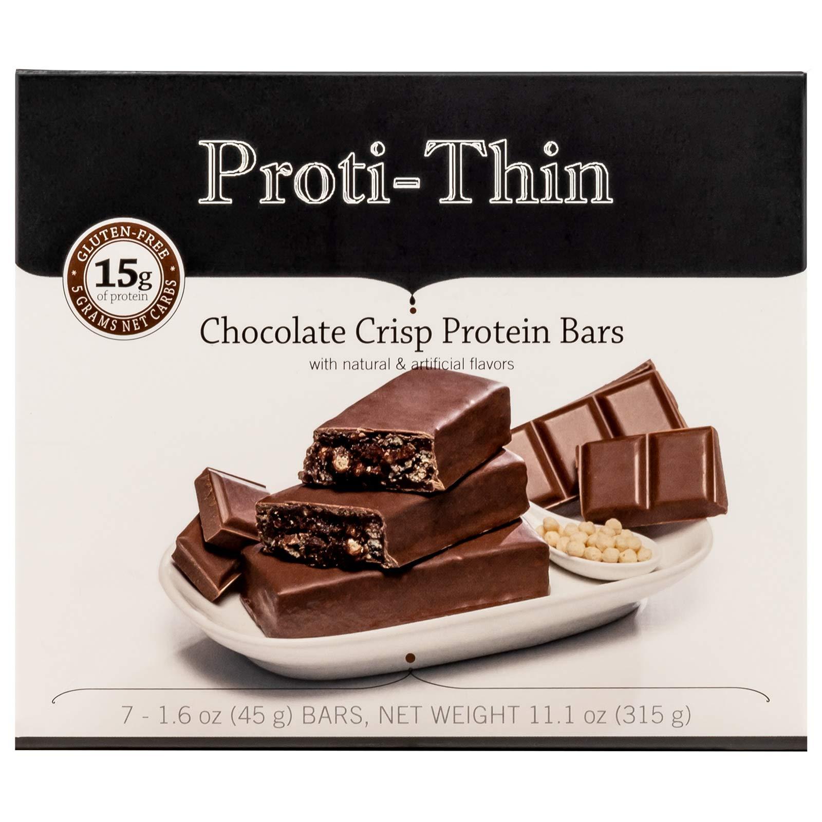 Proti-Thin Proti-Thin Chocolate Crisp High Protein Bars, 15g Protein, Low Carb, Low Fat, Low Sugar, No Gluten Ingredients, Ideal Protein Compatible, Aspartame Free, 7 Count Box