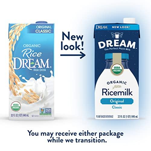 Dream Blends Rice Dream Organic Rice Milk Drink, Original Plain, Vegan Dairy Alternative, Lactose Free, Shelf Stable, 32oz (Pack of 12)