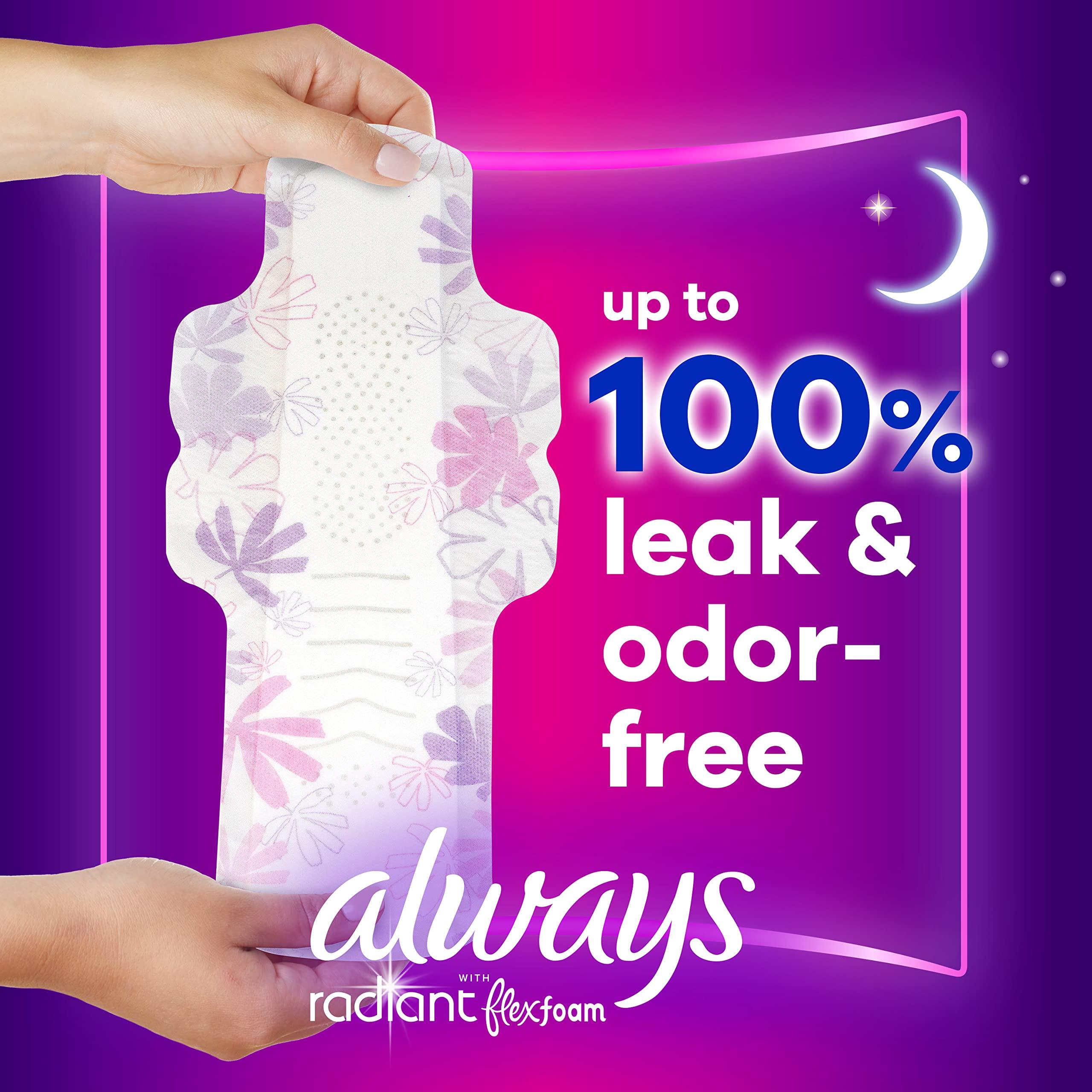 Always Always Radiant FlexFoam Pads for Women, Size 5, Extra Heavy Overnight Absorbency, 100% Leak & Odor Free Protection is Possible, with Wings, Scented, 26 Count