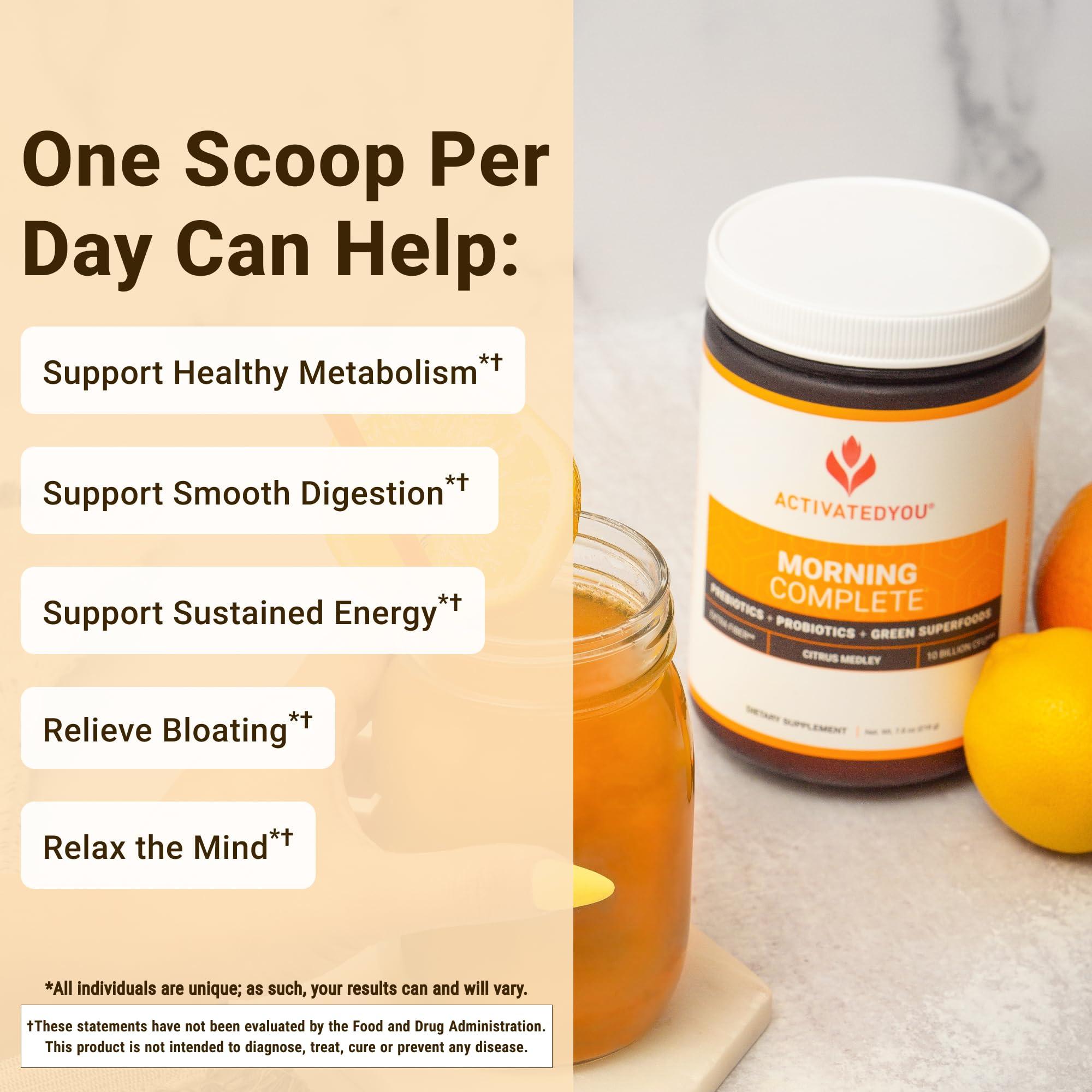 ACTIVATEDYOU ACTIVATEDYOU Morning Complete Daily Wellness Greens Superfood Drink Mix for Gut Health w/Prebiotics, Probiotics, Antioxidants, Green Superfoods, 10 Billion CFUs, 30 Servings (Citrus)