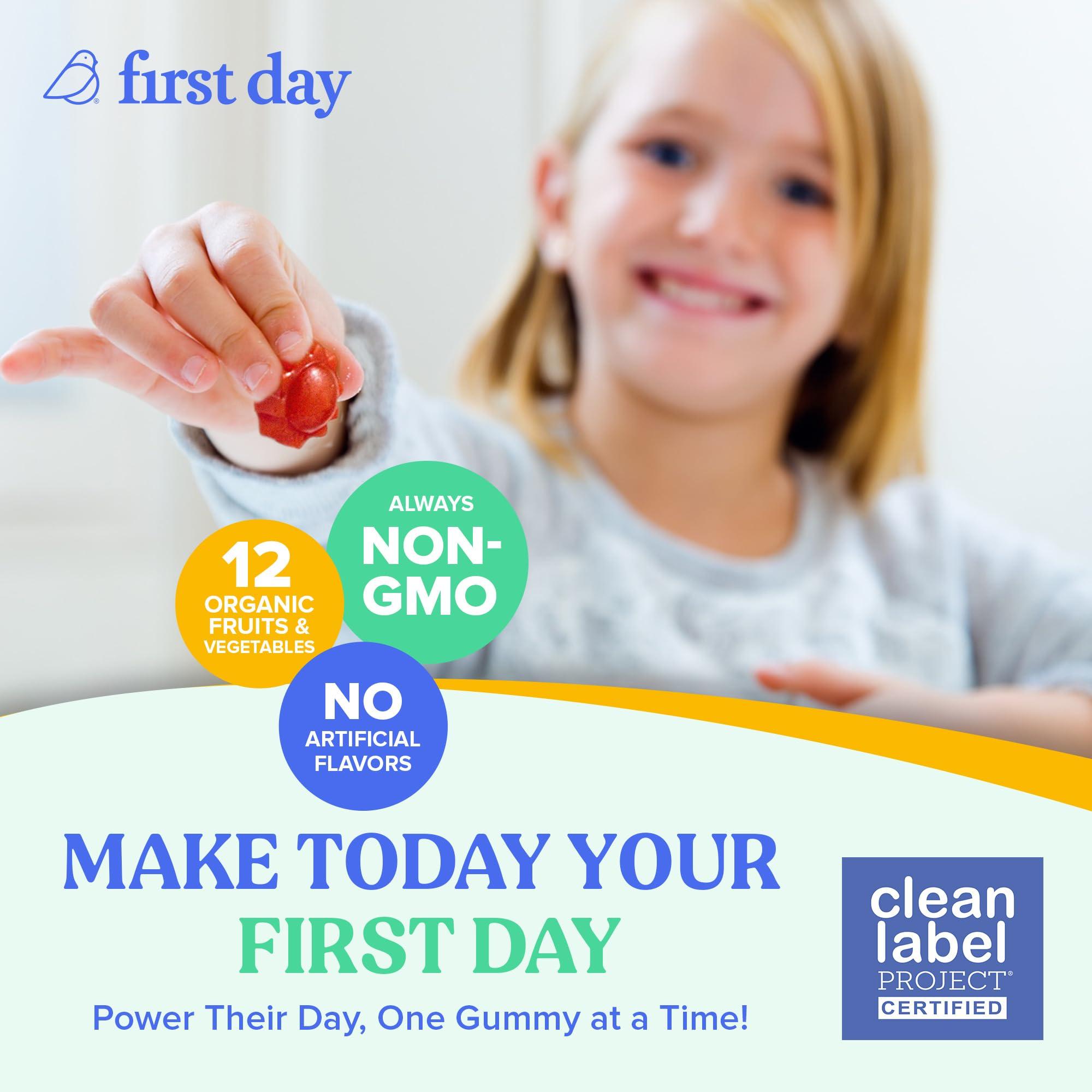 FIRST DAY FIRST DAY Kids Essential Multivitamin Gummies, Vitamin A, D3, B6, B12, C, K2 & More + Organic Fruits & Veggies for Growth, Brain, Immunity. Natural Strawberry & Orange Flavor, Low Sugar. 60-Day Supply