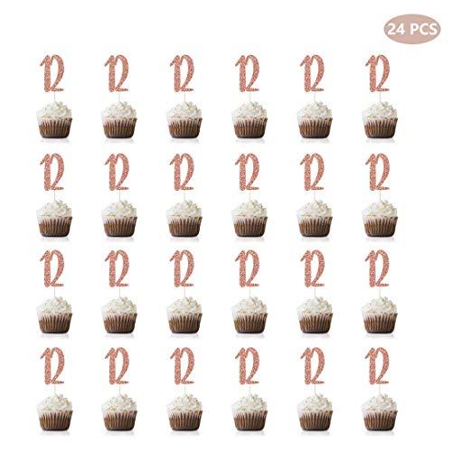 MAGJUCHE Rose Gold 12th Birthday Cupcake Topper, 24-Pack Number 12 Glitter Happy Birthday Party Cupcake Toppers, Decorations