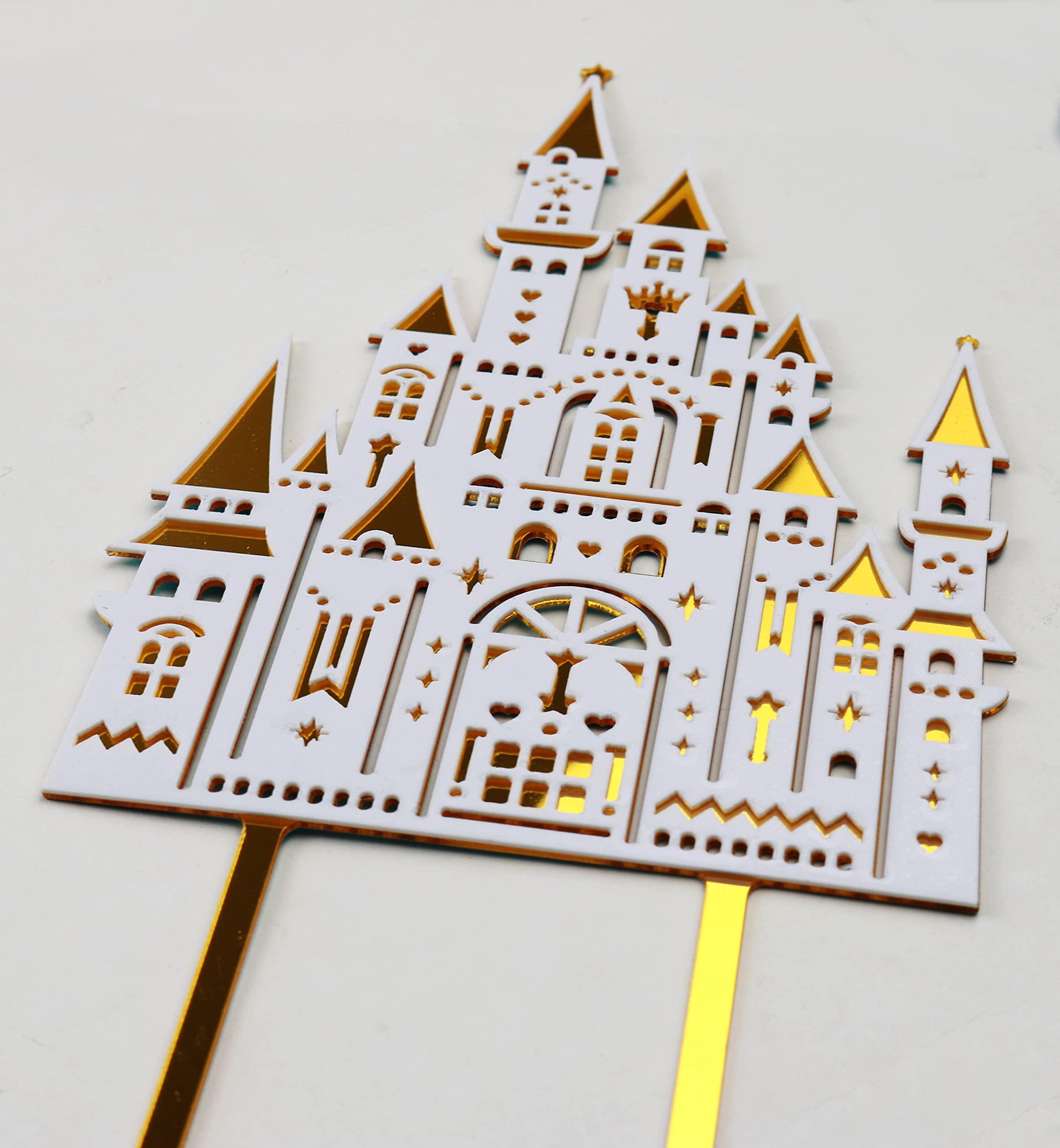 LINGAIXINYUE Double Layer White and Gold Big Castle Acrylic Cake Topper Photo Booth Props Birthday Party Decoration Celebrations for Boys and Girls