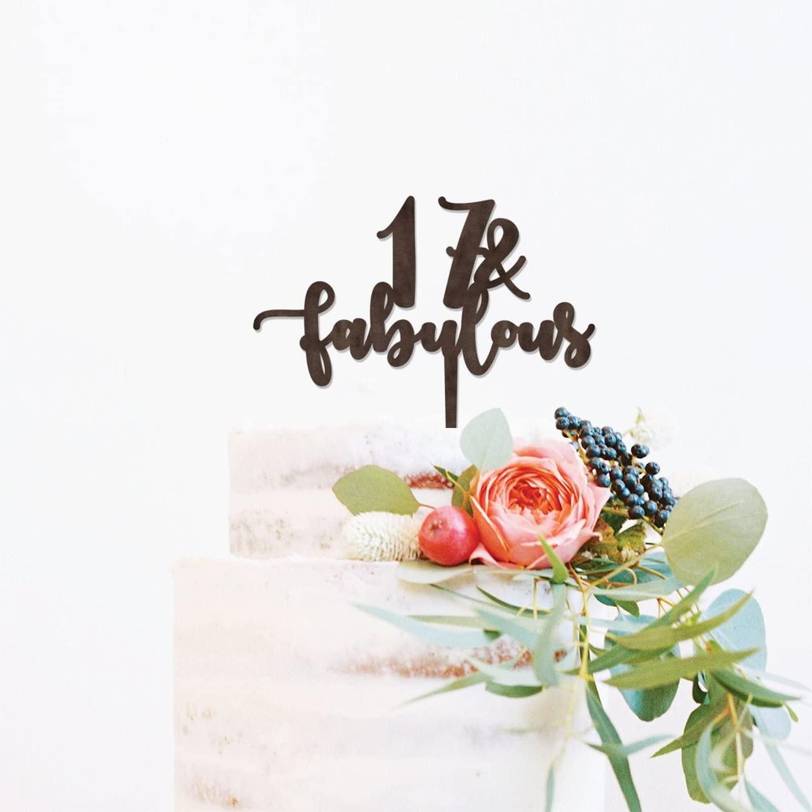 WengBeauty 17 & Fabulous Cake Toppers Brown Wood 17th Birthday Party Decorations Happy Birthday Cake Topper Customized Age Birthday Cake Decoration Birthday Cake for Birthday Party Decoration Ideas