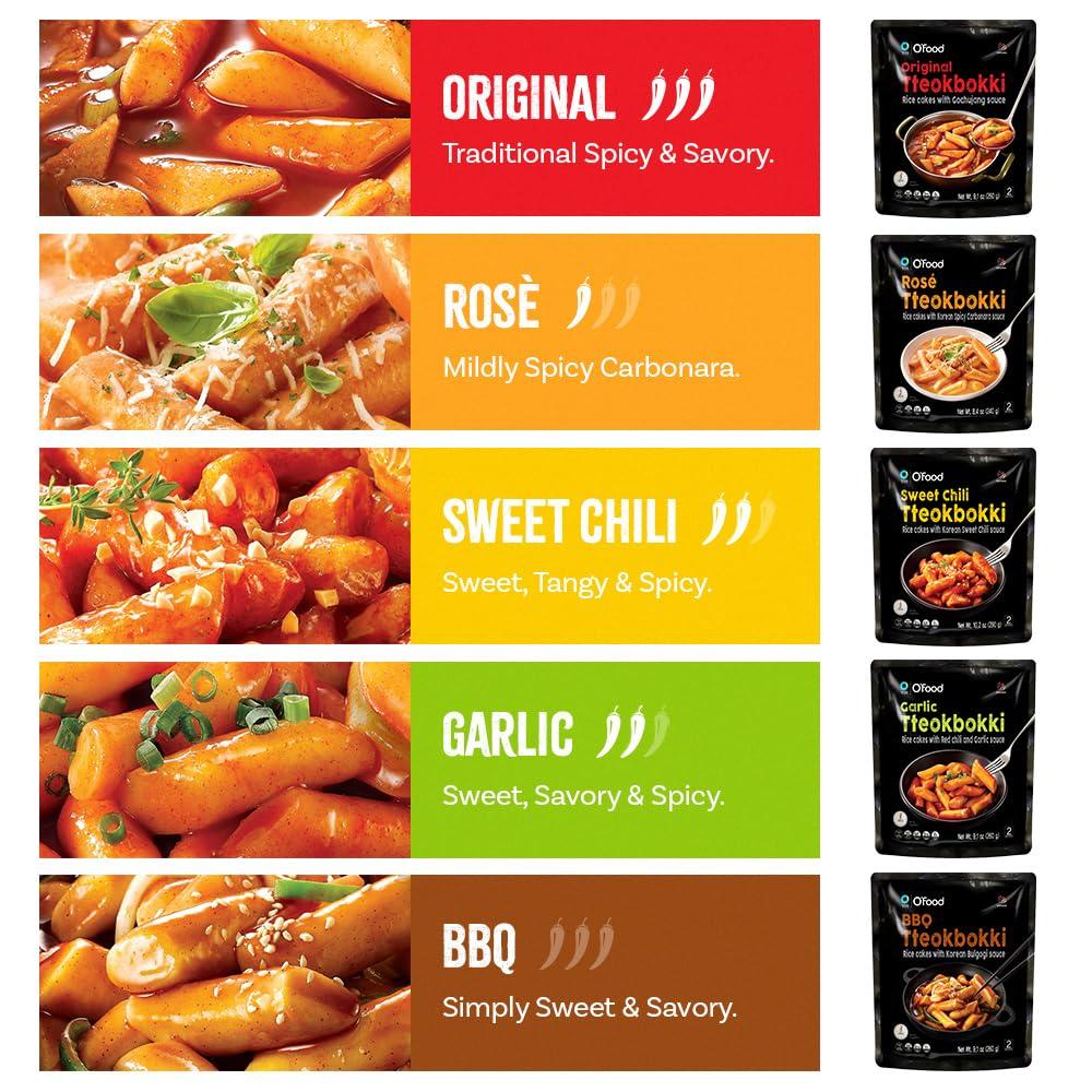 C O\'Food Chung Jung One O\'Food Tteokbokki Variety Pack, Pack of 5, Instant Korean Rice Cakes, Authentic Spicy Street Food, Ready to Eat, No MSG, No Corn Syrup