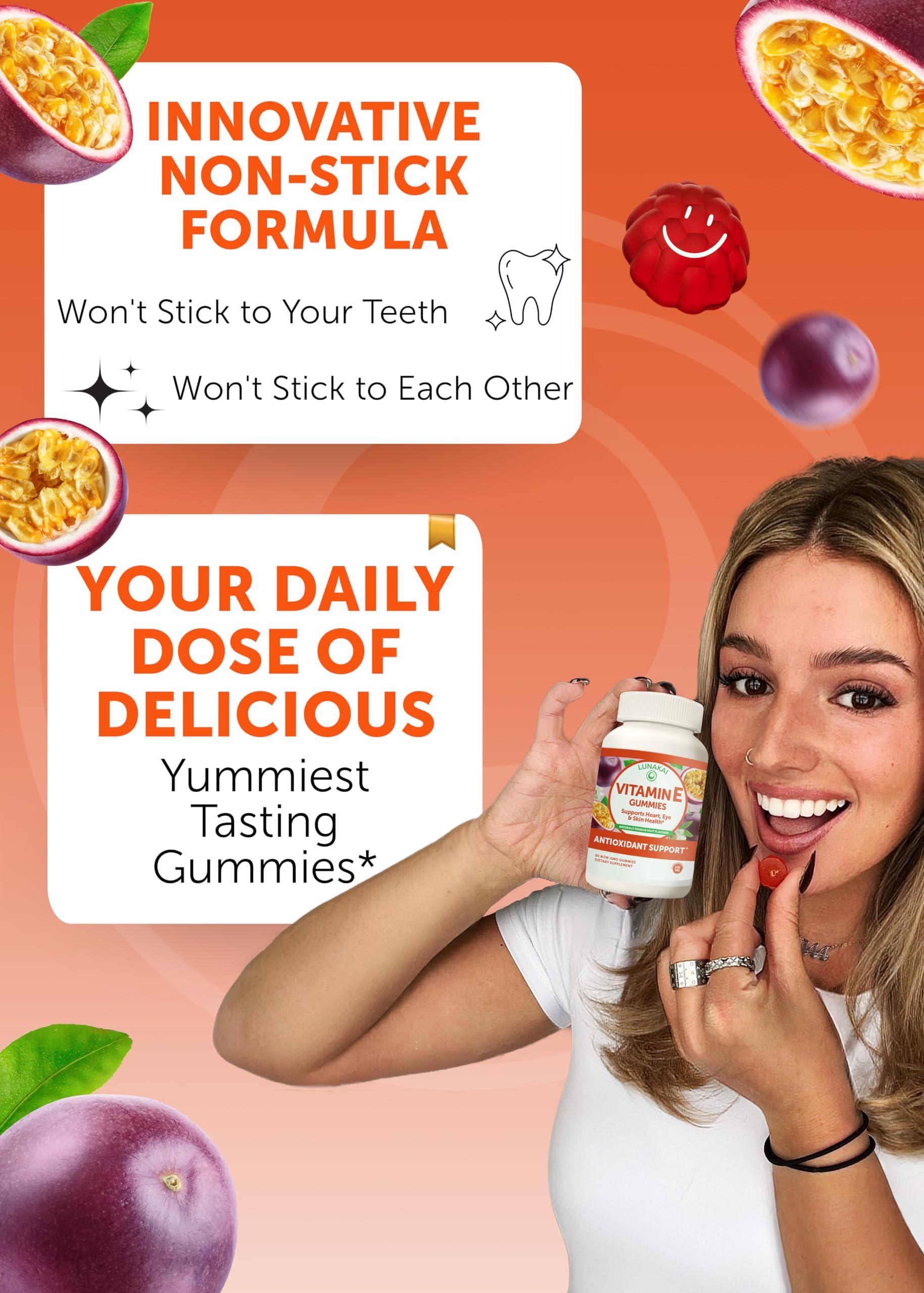 Lunakai Lunakai USA Made Vitamin E Gummies 400IU with Vitamin C - Delicious, Vegan, Non-GMO Supplement for Daily Skin & Eye Support, d-Alpha Tocopherol, 60ct