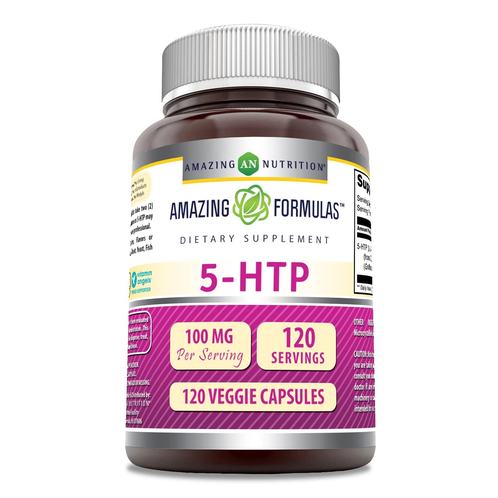 Amazing Nutrition Amazing Formulas 5-HTP (Hydroxytryptophan) Supplement | 100 Mg Per Serving | Veggie Capsules | Non-GMO | Gluten Free | Made in USA (1 Pack, 120 Count)