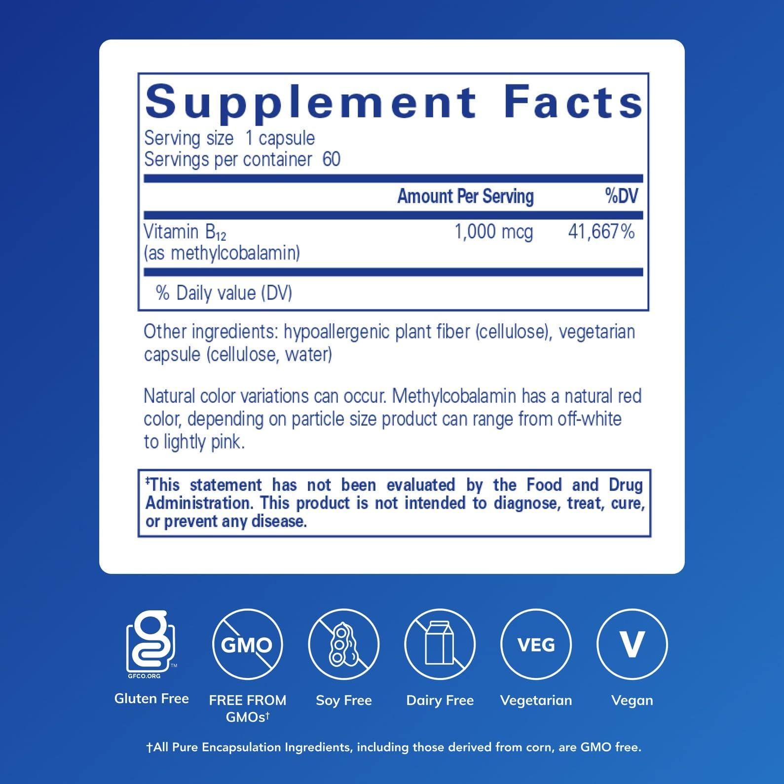 Pure Encapsulations Pure Encapsulations Methylcobalamin 1,000 mcg - Vitamin B12 Supplement to Support Memory & Nerve Health - Premium Vitamin B12 Capsules - 60 Capsules