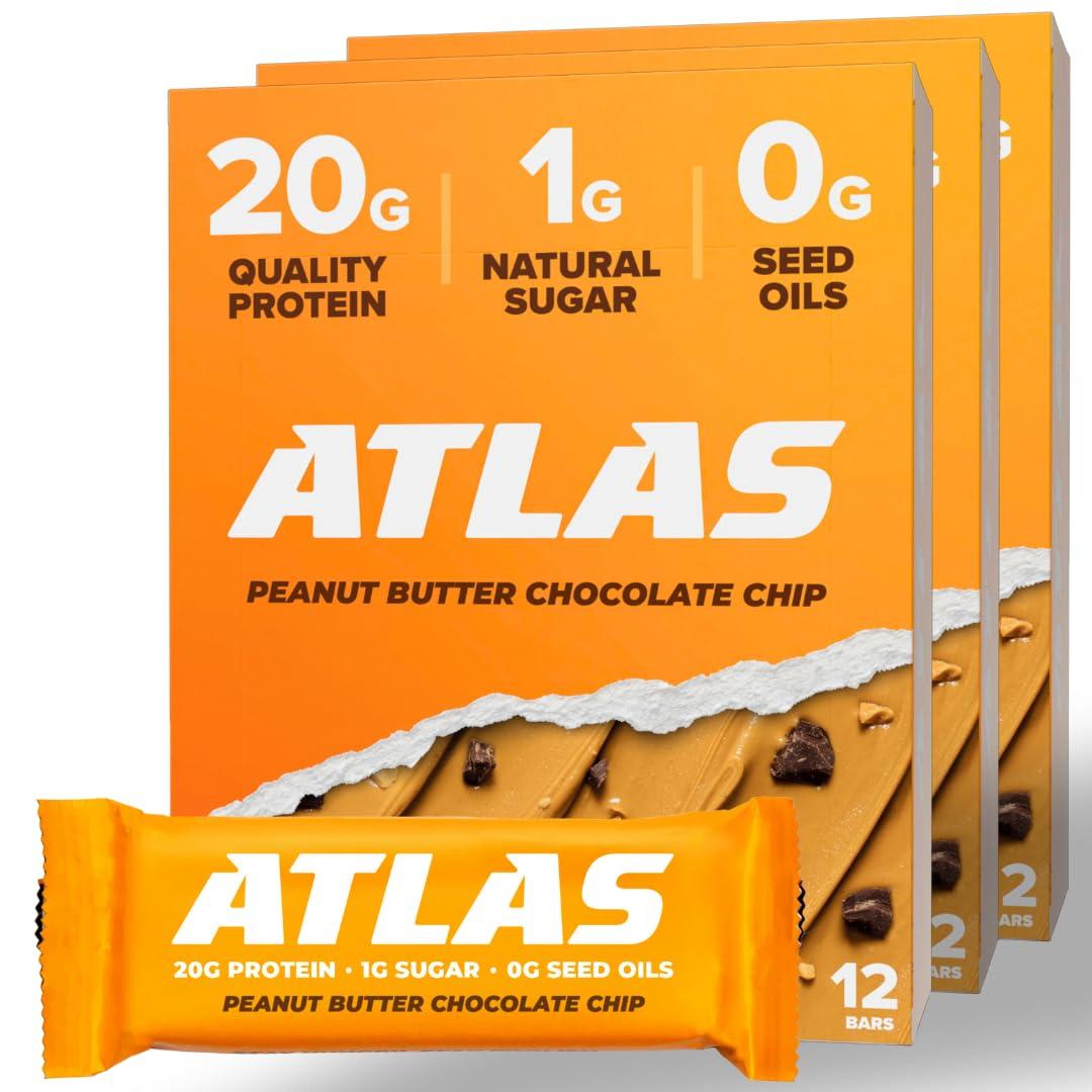 Atlas Protein Bar Atlas Protein Bar, 20g Protein, 1g Sugar, Clean Ingredients, Gluten Free, Peanut Butter Chocolate Chip (12 Count, Pack of 3)