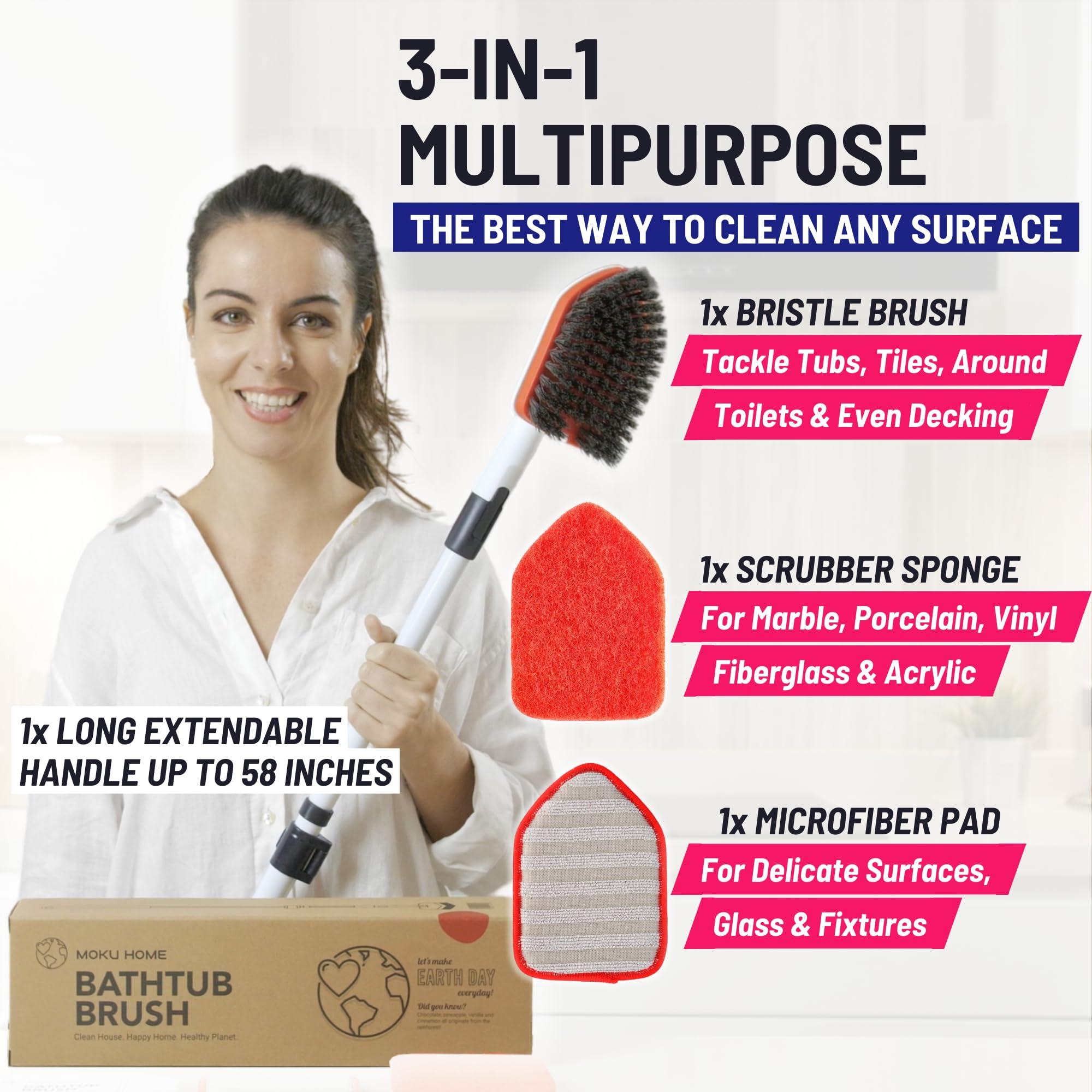 Moku Home Moku Home Shower Scrubber 3 in 1 Extendable Long Handle 58\" Cleaning Brush - Non Scratch Shower Brush for Cleaning Bathroom Kitchen Toilet Wall Tub Tile Sink (Red)