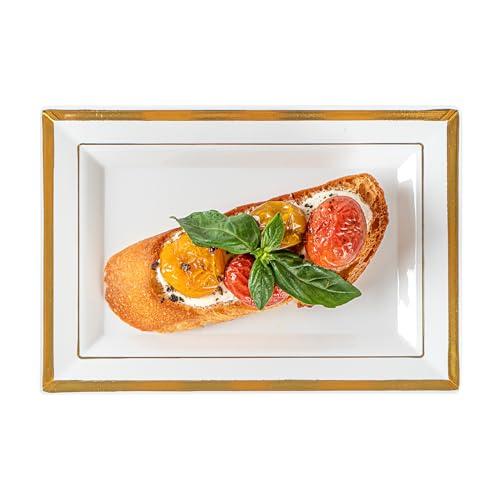 Restaurantware Restaurantware Moderna 7.5 x 5.3 Inch Premium Disposable Plates 10 Rectangular Plastic Plates For Parties - Gold-Rimmed Durable White Plastic Dinner Plates For Warm And Cold Foods