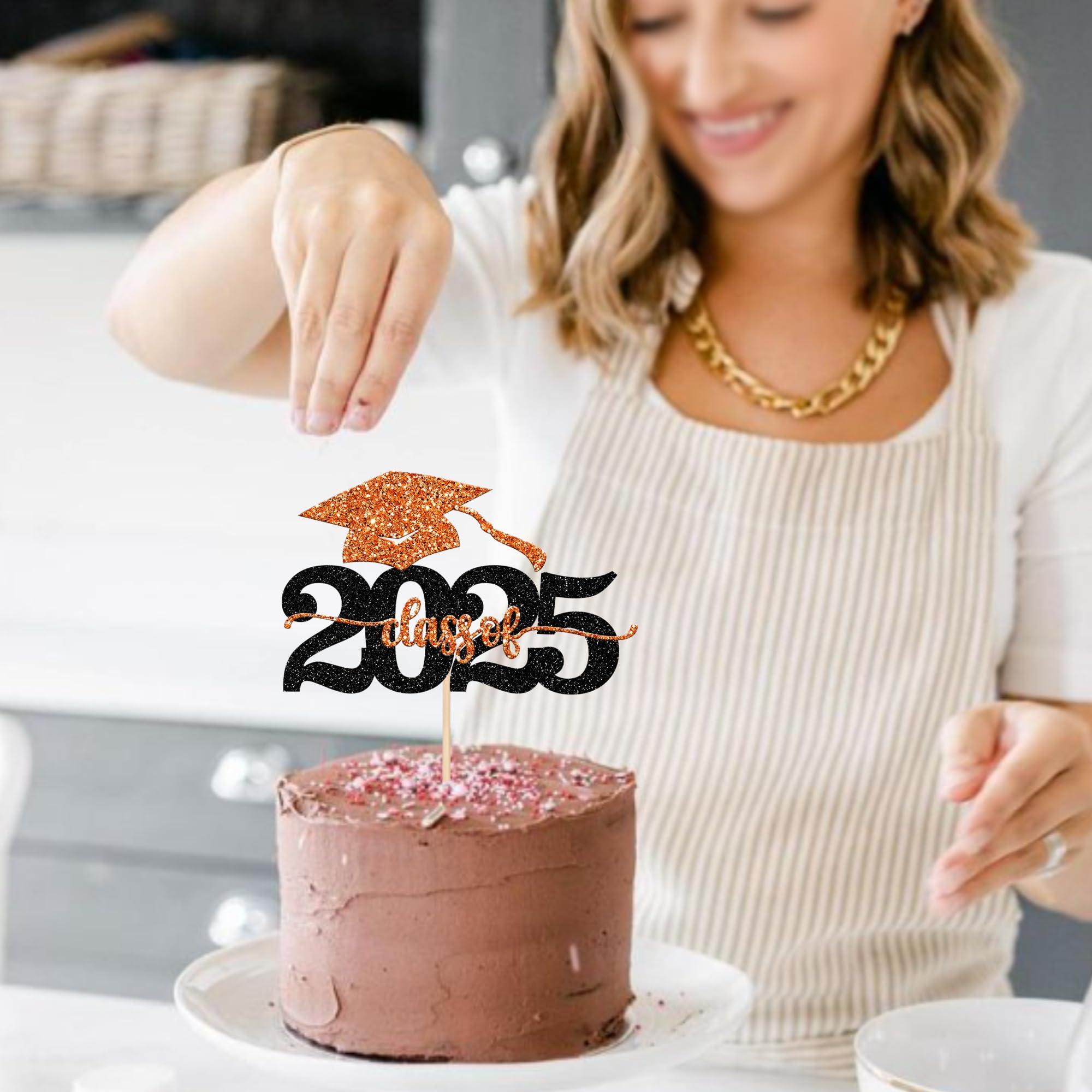 ZHUOWEISM 1 PCS Class of 2024 Cake Topper Black Glitter 2024 Graduation Cake Pick Congrats Grad Cap 2024 Cake Decoration for 2024 College Graduation Theme Party Decorations Supplies Orange