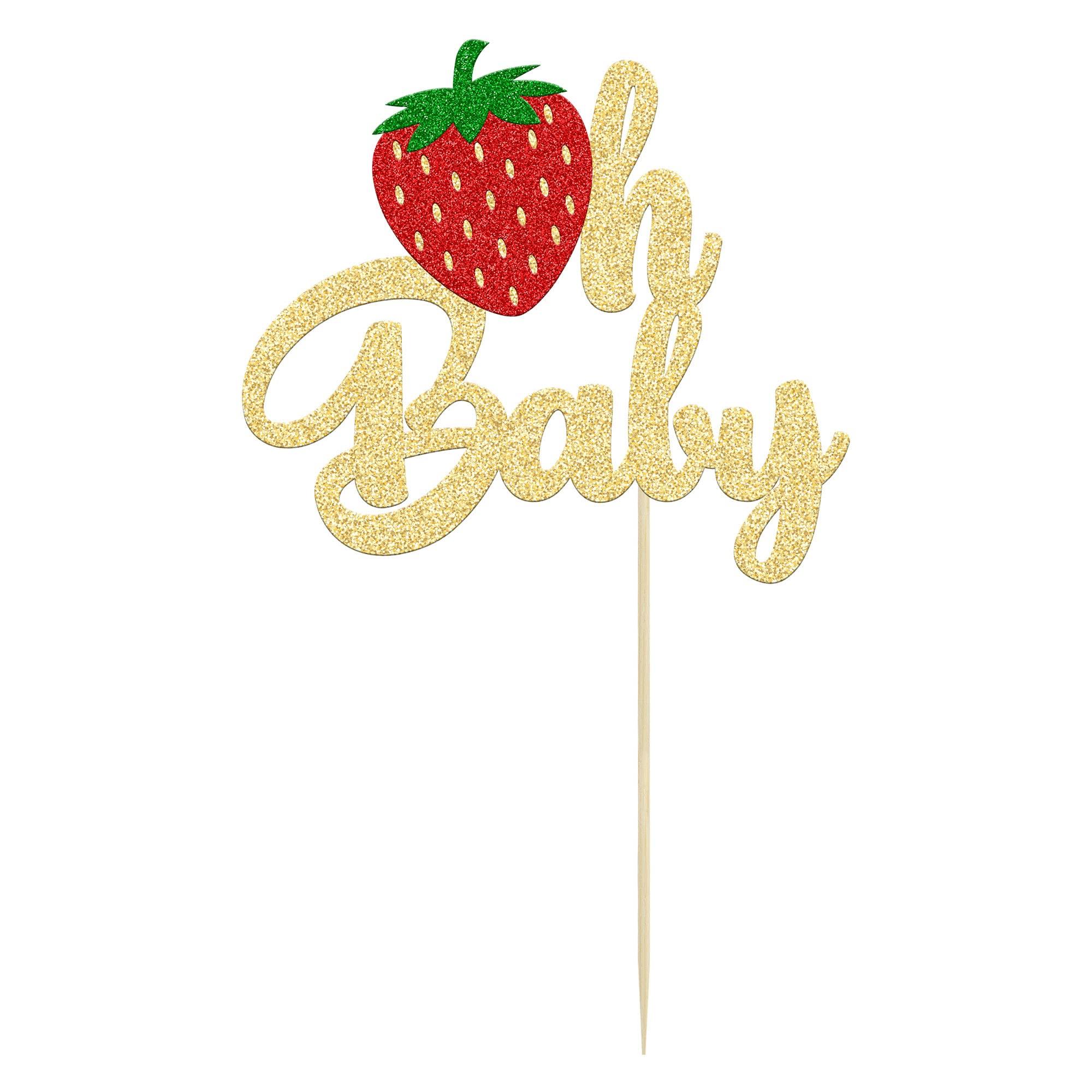 Ephlyn 1Pc Strawberry Oh Baby Cake Topper Glitter Fruit Theme Babyshower Strawberry Cake Decoration for Gender Reveal Baby Shower Kids Boys Girls Birthday Party Cake Decorations Supplies