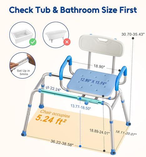 Bluelog Bluelog FSA/HSA Eligible Sliding Shower Chair with Extra-Wide 360 Swivel Seat, 330lbs Tub Transfer Bench, Non-Slip & Padded Arms, Adjustable Height for Elderly & Disabled Inside Shower, Rectangular