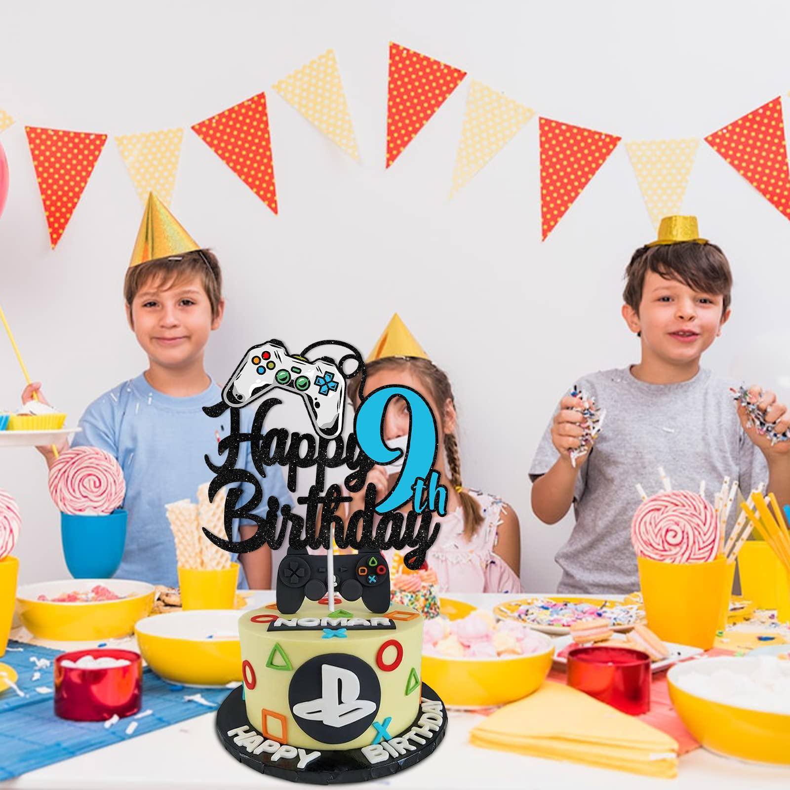 GZBJMYGS Happy 9th Birthday Cake Topper Party Video Games Decorations Black Blue Glitter - Cheers to 9 Years Level Up Theme Game On Winner Supplies for Boys or Girls