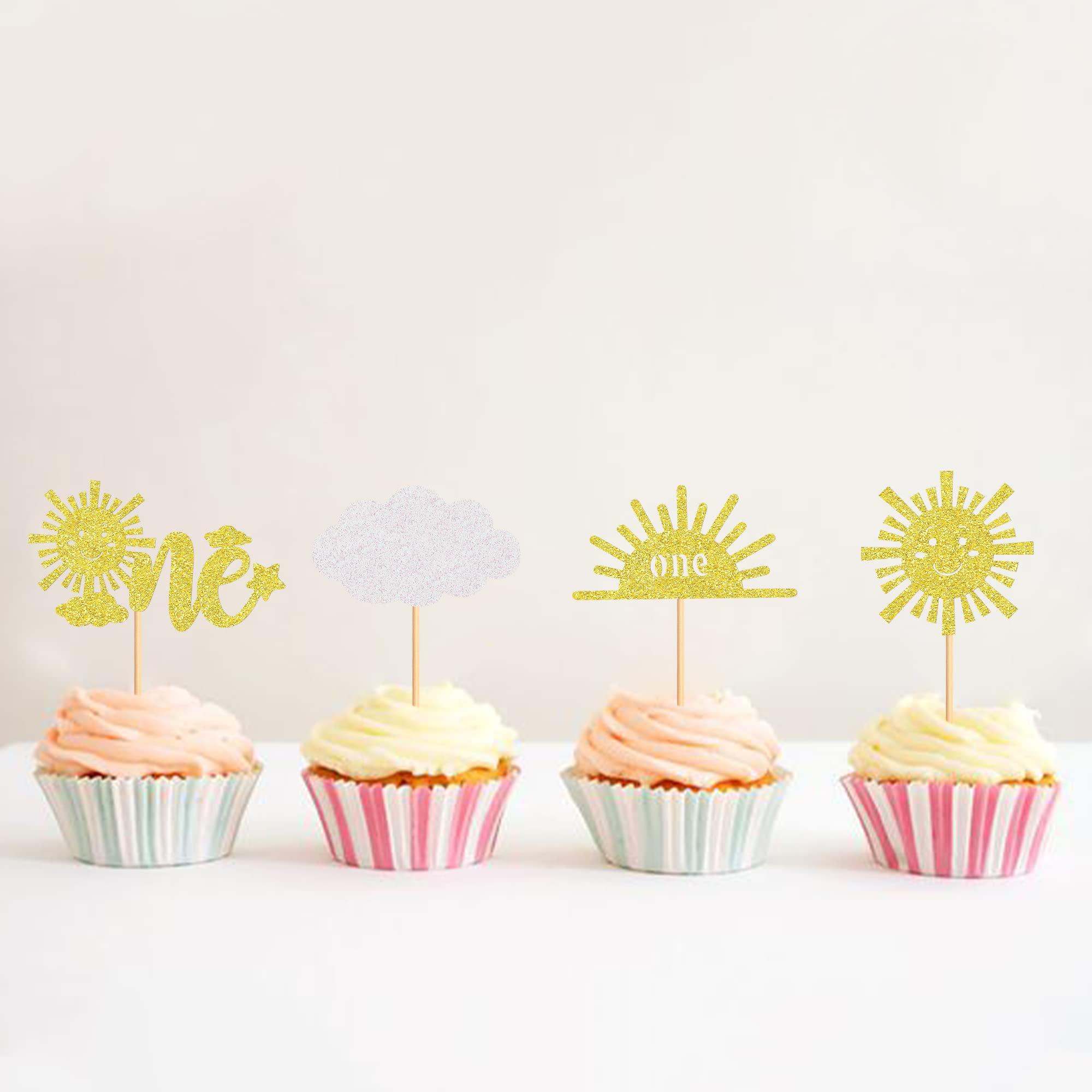 Cyodoos Cyodoos 24Pcs Sunshine One Cupcake Toppers Sun Simle Face Cloud You are My Sunshine First Birthday Cupcake Picks Baby Shower 1st Birthday Party Cake Decorations Supplies - Gold Glitter