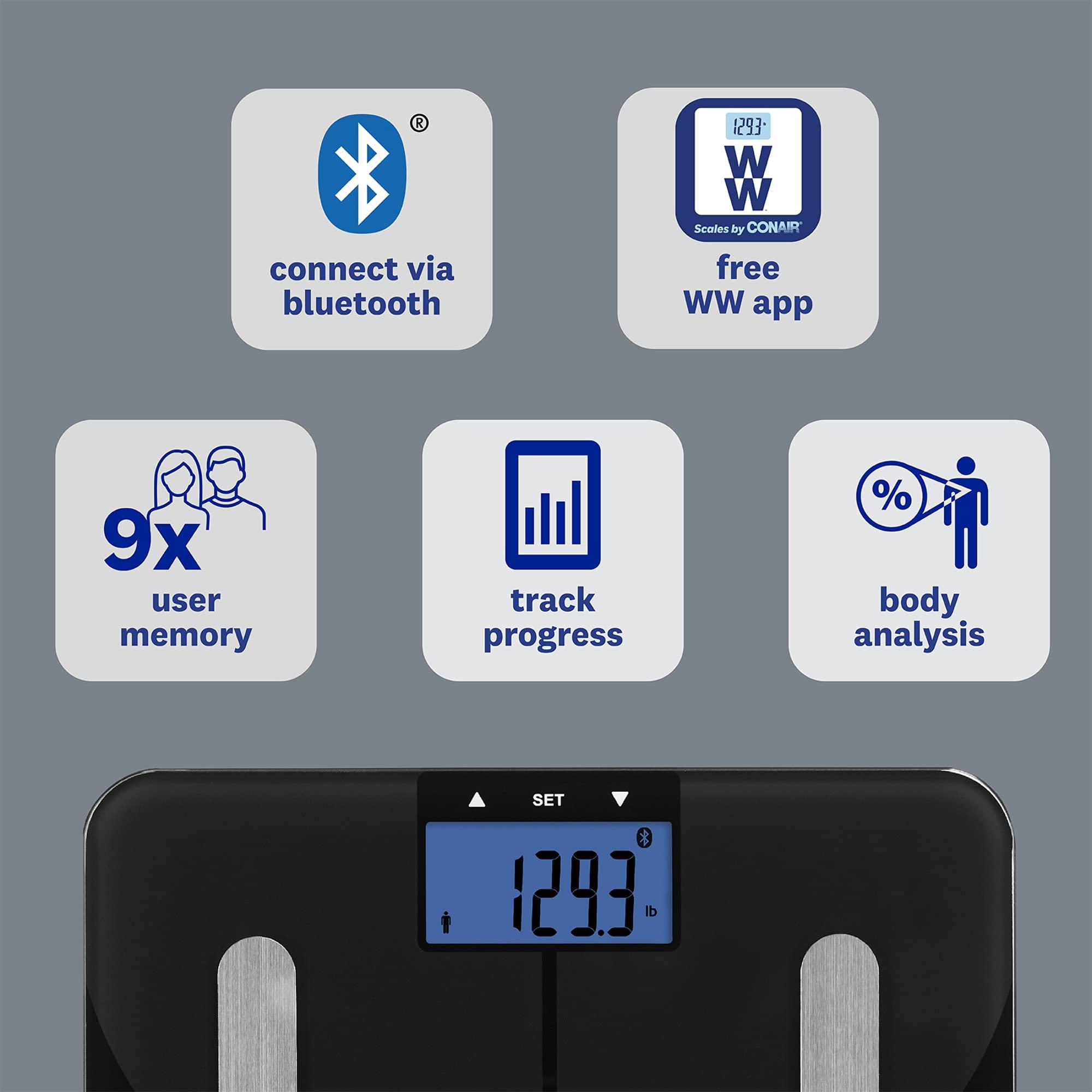 Conair Weight Watchers Scales by Conair Smart Scale for Body Weight, Digital Bluetooth Smart Bathroom Scale with Body Fat, Muscle, and BMI in Black