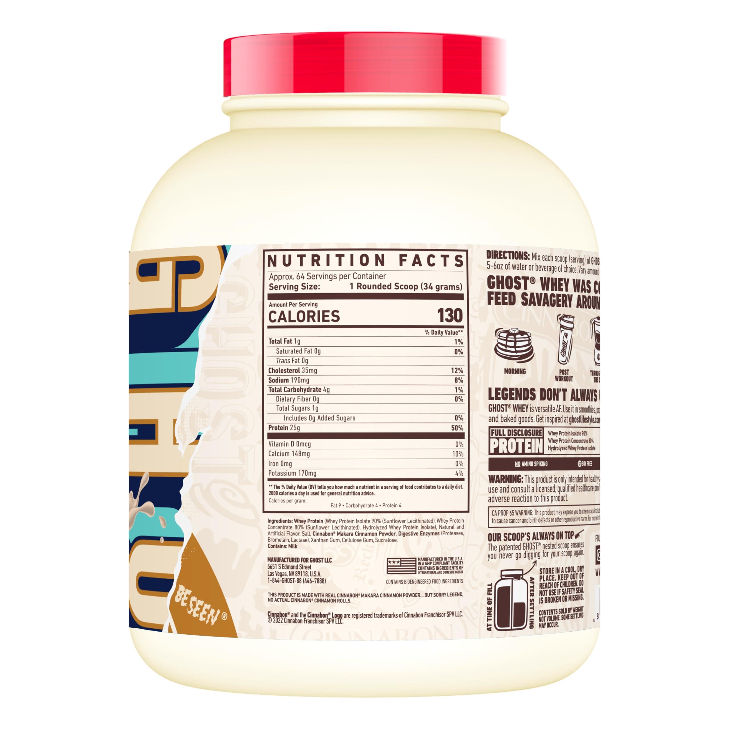 GHOST GHOST Whey Protein Powder, Cinnabon - 5LB Tub, 25G of Protein - Cinnamon Roll Flavored Isolate, Concentrate & Hydrolyzed Whey Protein Blend - Post Workout Shakes - Soy & Gluten Free