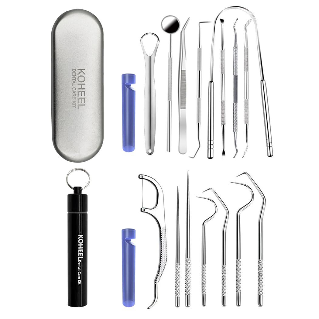KOHEEL KOHEEL Dental Tools with Metal Case, 8 Count Teeth Cleaning Tools Set, Remove Plaque, Oral Care Hygiene Kit & Toothpicks Pocket Set, Reusable Dental Floss Picks Kit, Tooth Picker