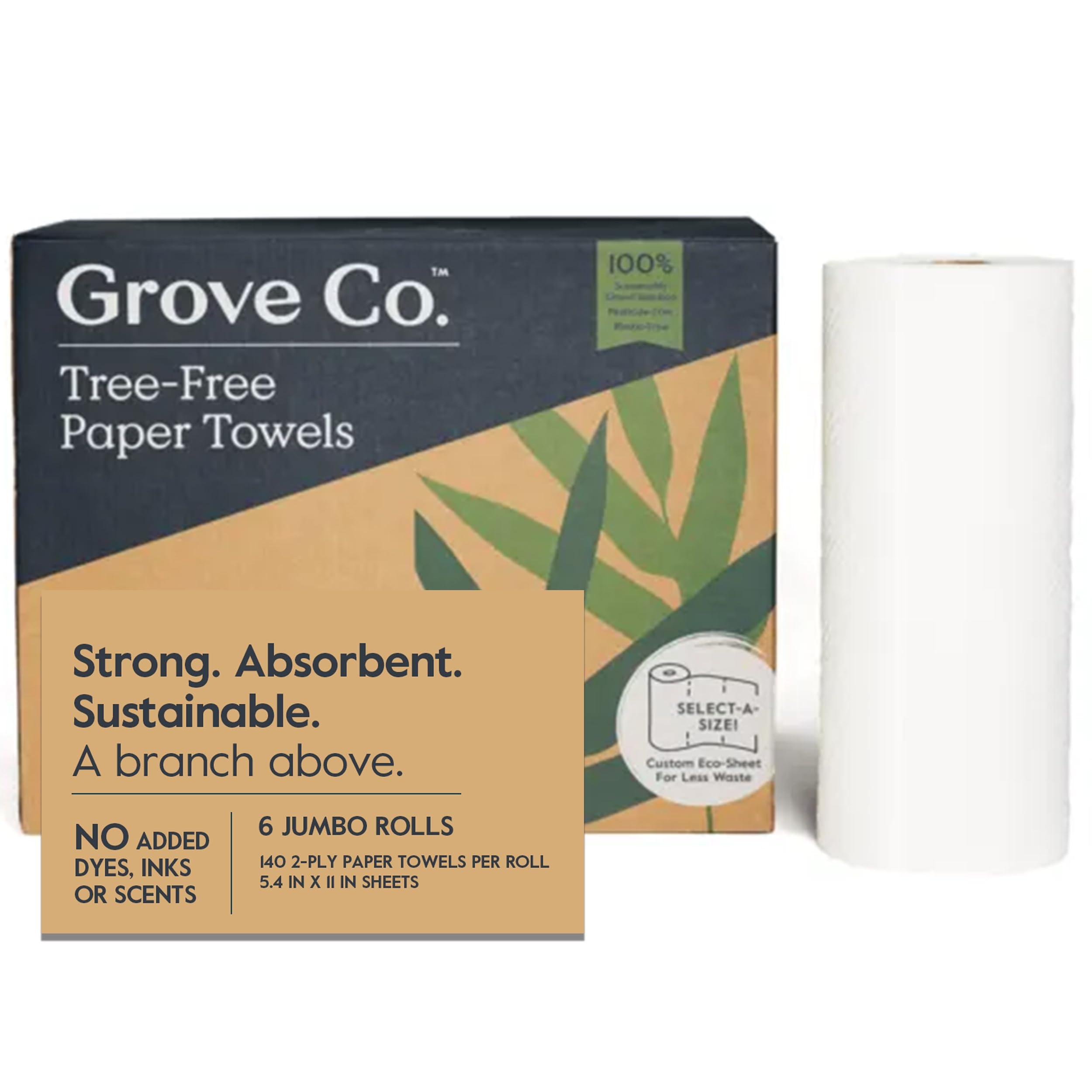 Grove Co. Grove Co. Bamboo Paper Towels, Tree Free & Sustainable Kitchen Paper Towels, Strong & Absorbent with Custom Select Sheets for Less Waste, Zero Plastic Waste. 140 x 2-ply Sheets per Roll, 6 Pack Rolls
