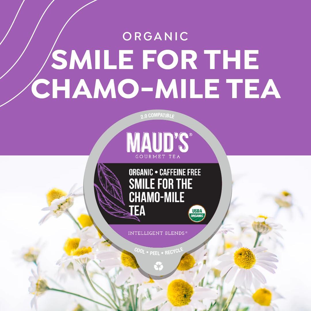 MAUD'S Maud's Organic Chamomile Lavender Tea (Smile For The Chamo-mile) 24ct. Solar Energy Produced Recyclable Single Serve Decaf Tea Pods – 100% Organic Caffeine Free Tea California Blended, KCup Compatible