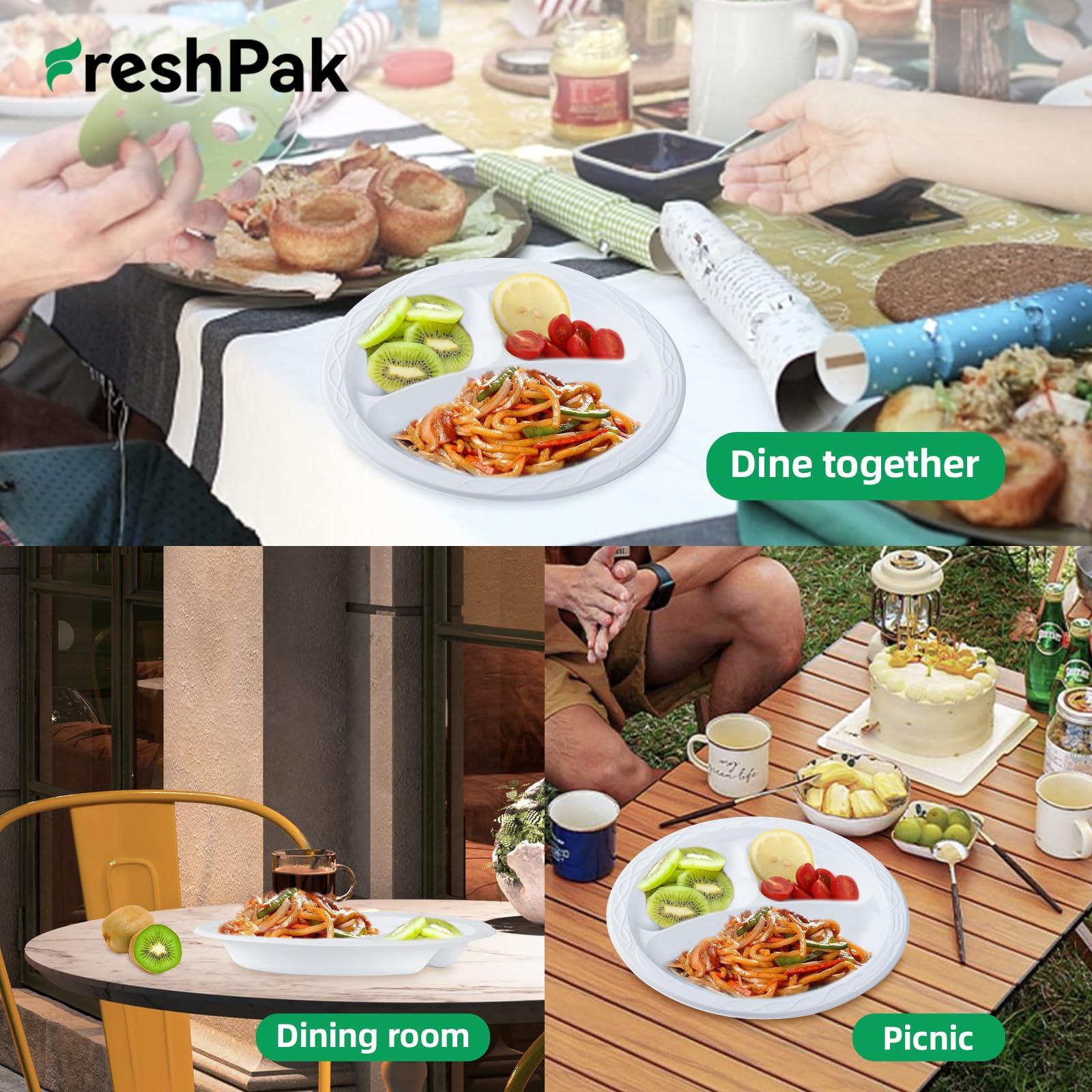 FRESHPAK FRESHPAK White Plastic Plates, Reusable 9 Inch 3 Compartment Dinner Plates Heavy Duty Microwave Safe Plates Convenience Elegance MFPP Party Plates