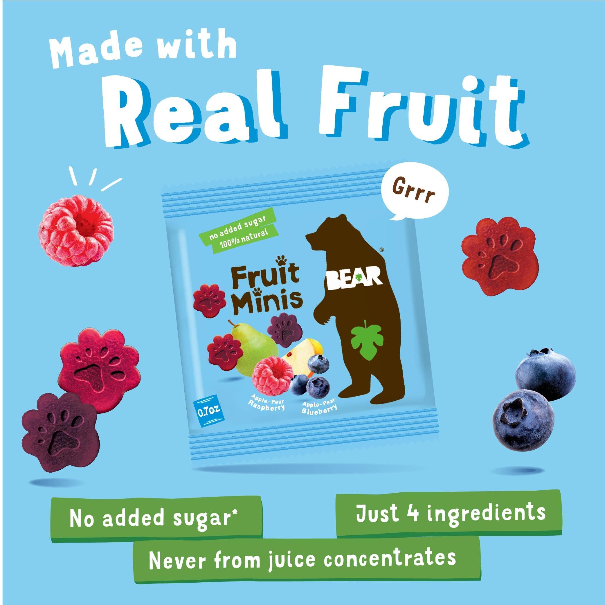 BEAR BEAR Real Fruit Snack Minis, Raspberry/Blueberry, No added Sugar, All Natural, Bite Sized Snacks for Kids, Non GMO, Gluten Free, Vegan, 0.7 Oz (Pack of 18)