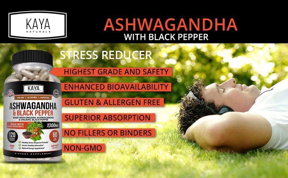 Kaya Naturals Kaya Naturals Organic Ashwagandha 1300mg, 120 Count Capsules for Stress Relief, Adrenal, Mood & Thyroid Support, Black Pepper and 100% Pure Ashwagandha -120 Capsules